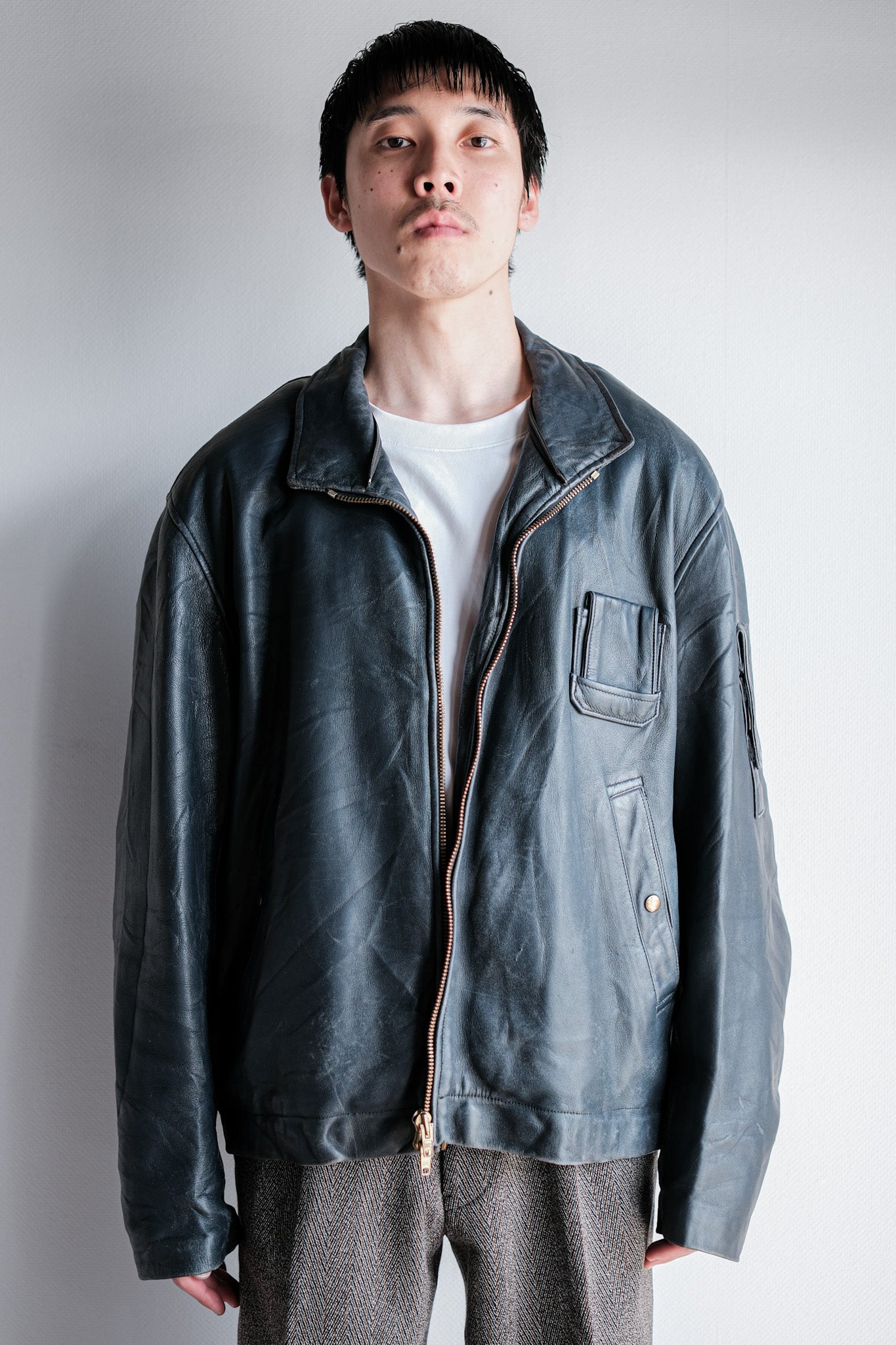 ［~70's］French Air Force Pilot Leather Jacket With Chin Strap & Liner Size.104L