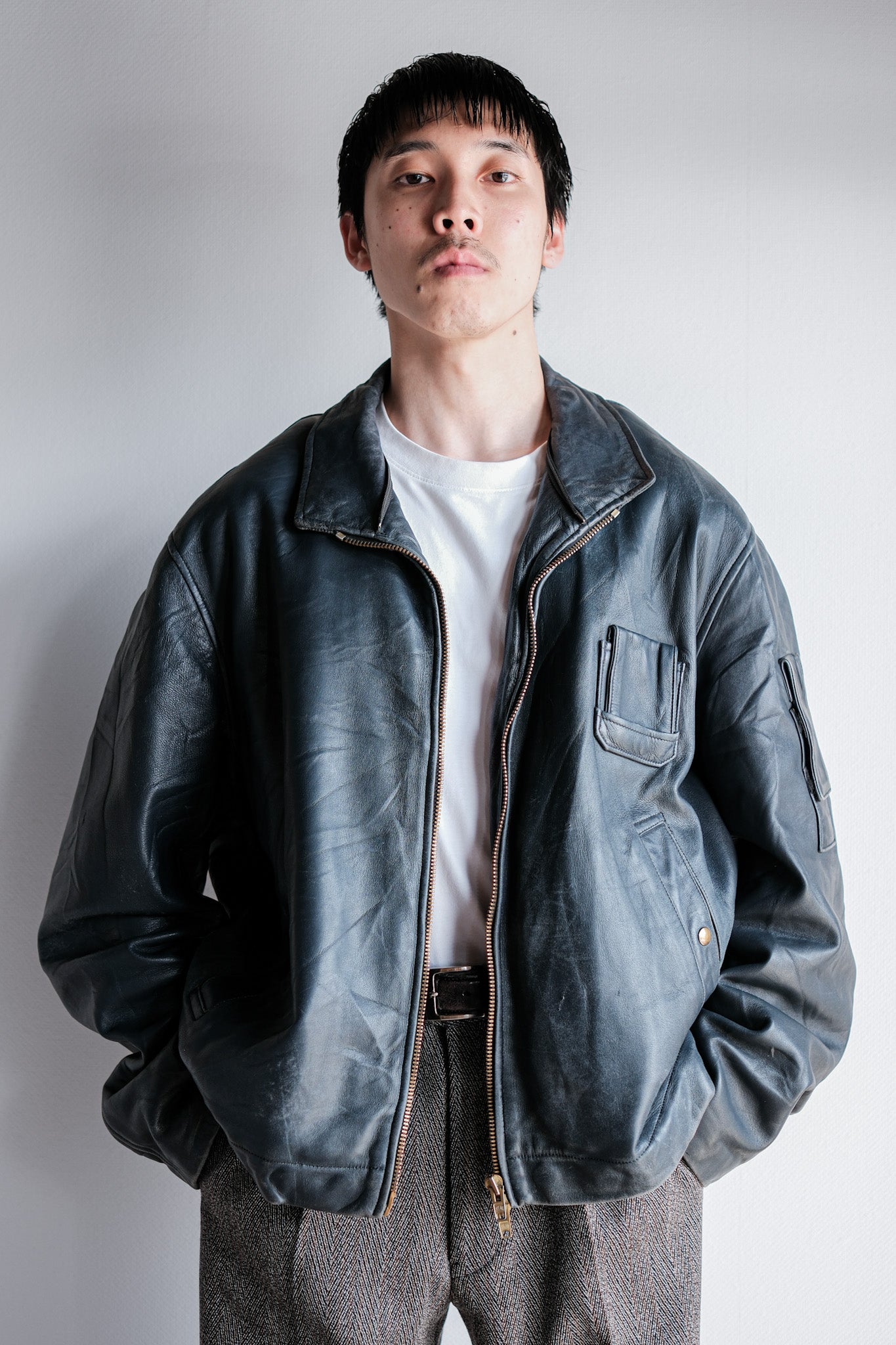 ［~70's］French Air Force Pilot Leather Jacket With Chin Strap & Liner Size.104L