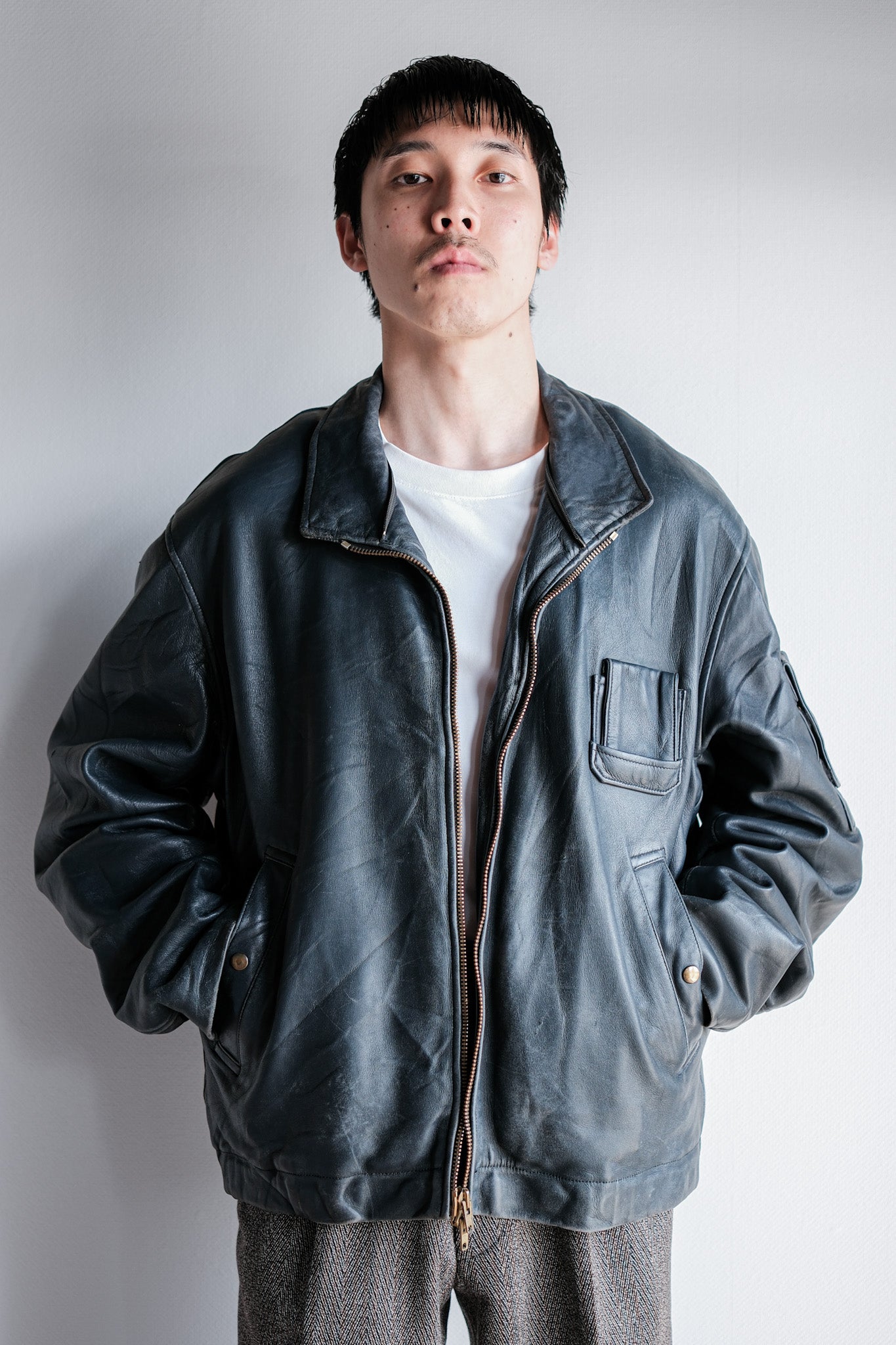 ［~70's］French Air Force Pilot Leather Jacket With Chin Strap & Liner Size.104L