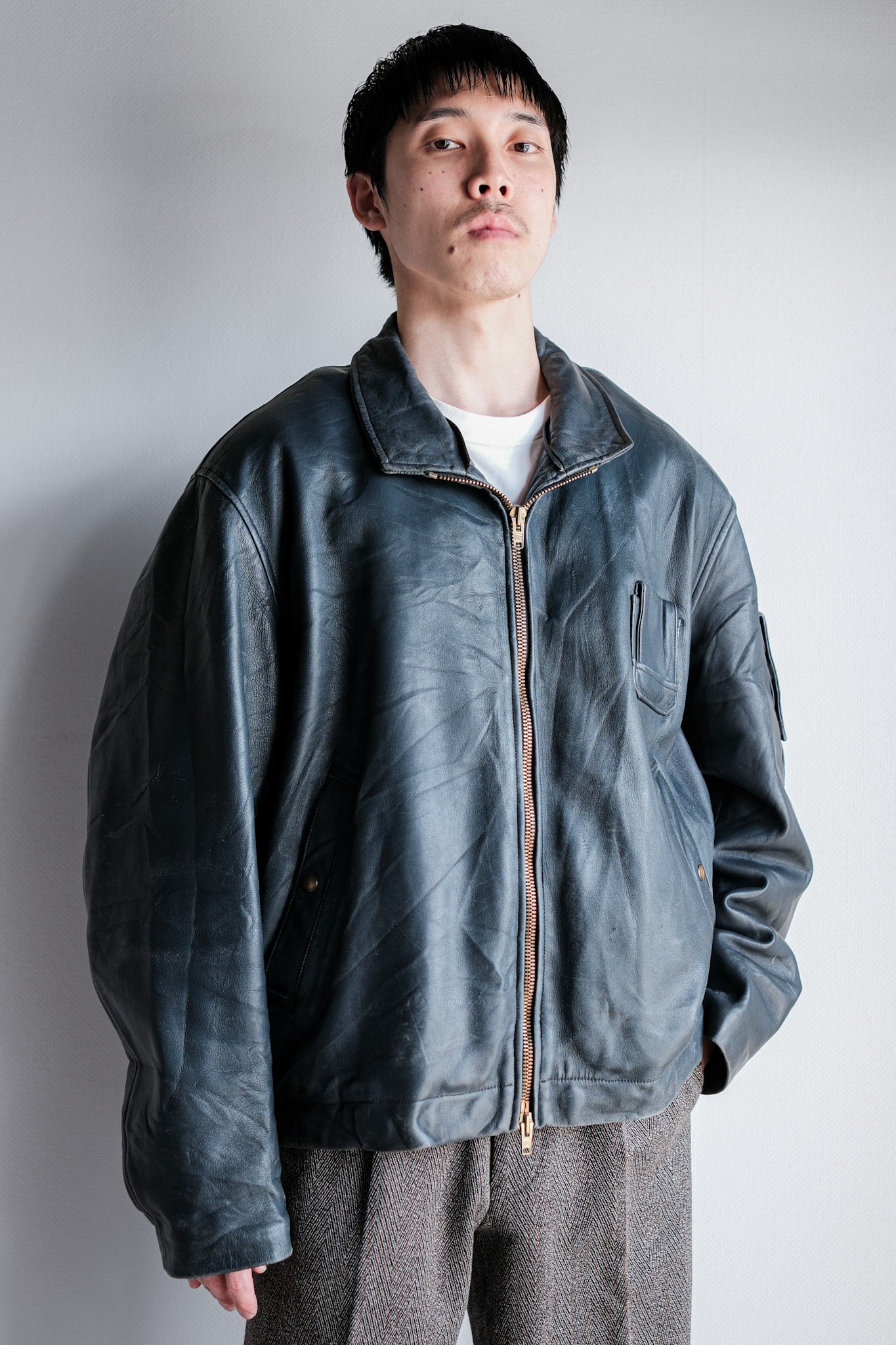 ［~70's］French Air Force Pilot Leather Jacket With Chin Strap & Liner Size.104L