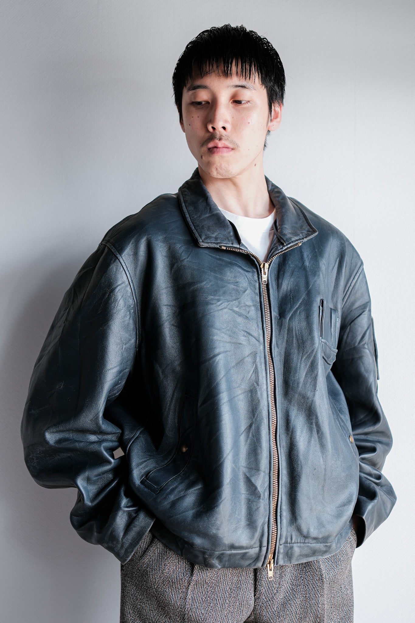 ［~70's］French Air Force Pilot Leather Jacket With Chin Strap & Liner Size.104L