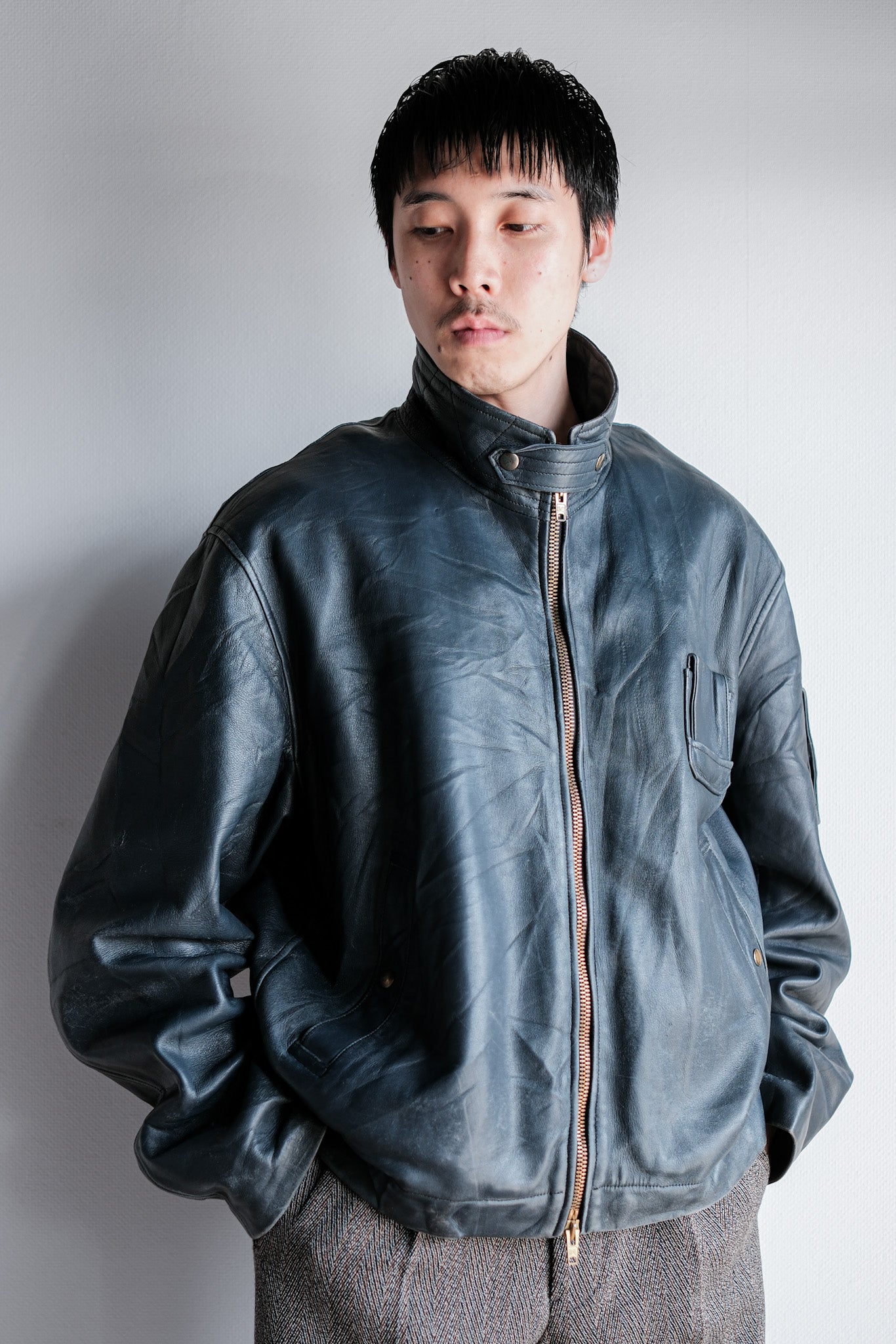 ［~70's］French Air Force Pilot Leather Jacket With Chin Strap & Liner Size.104L