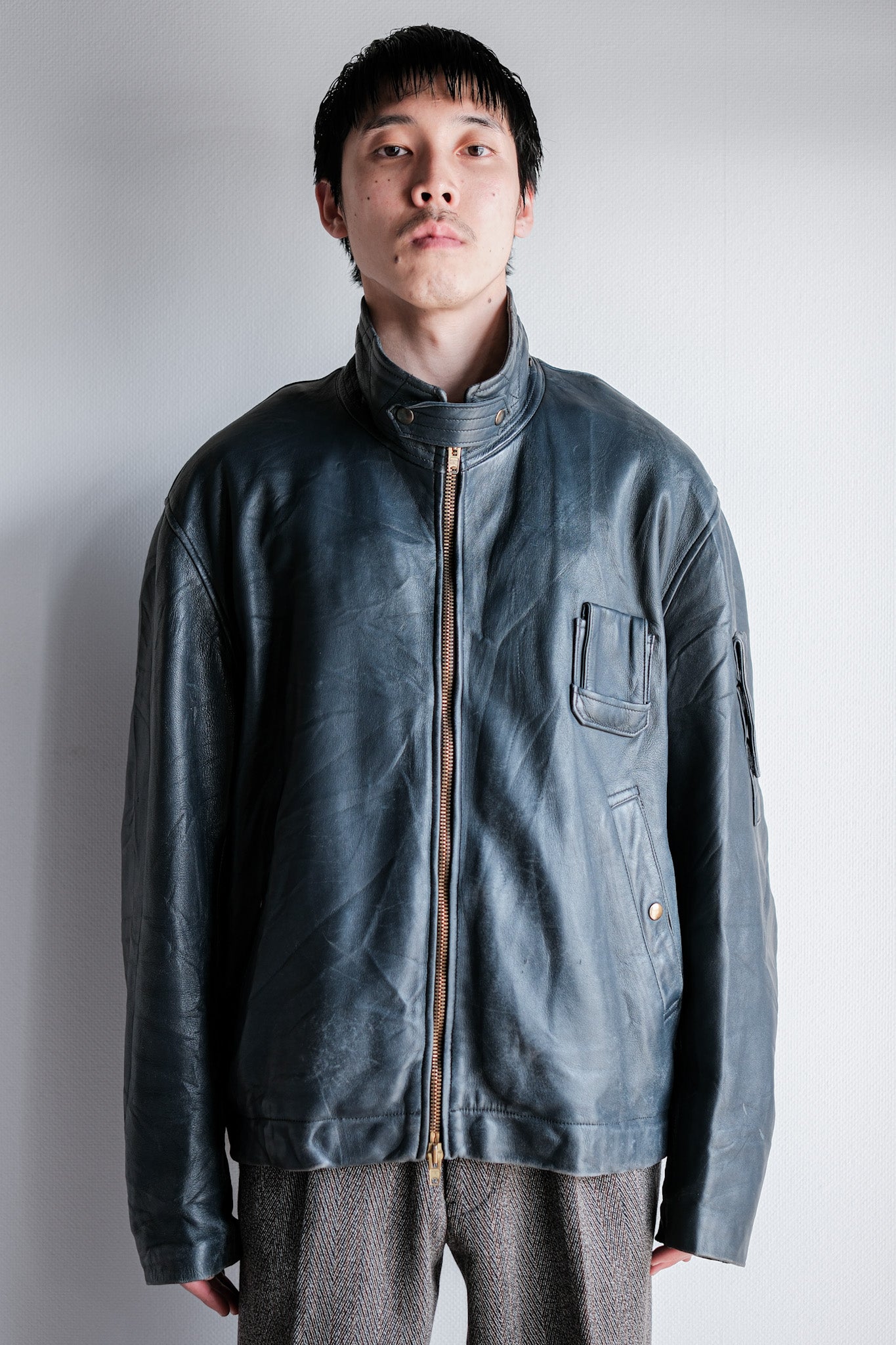 ［~70's］French Air Force Pilot Leather Jacket With Chin Strap & Liner Size.104L