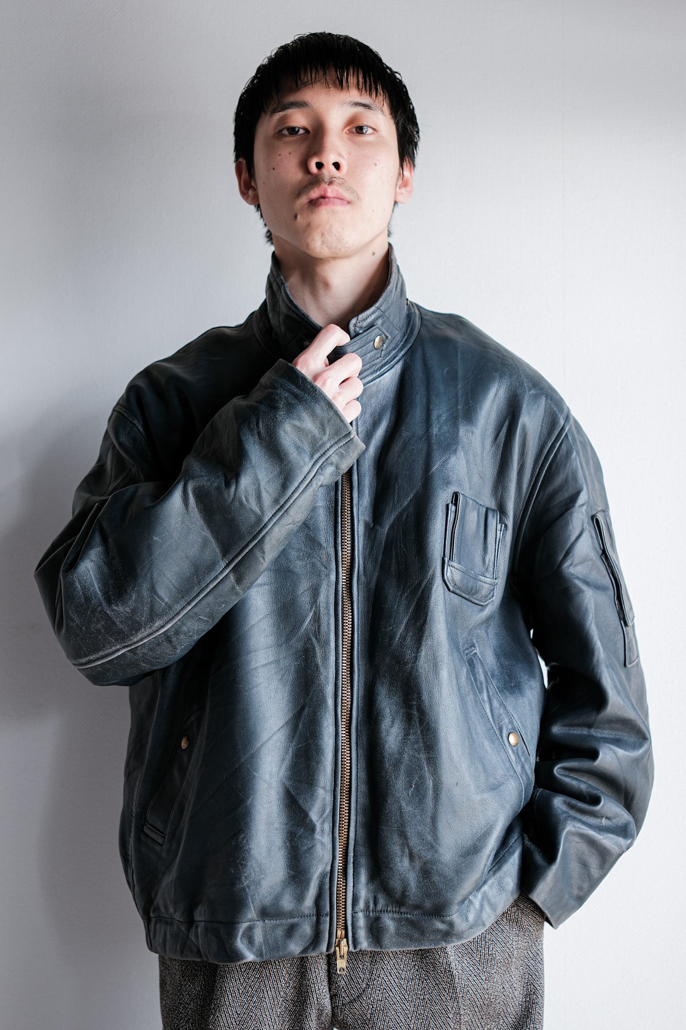 ［~70's］French Air Force Pilot Leather Jacket With Chin Strap & Liner Size.104L