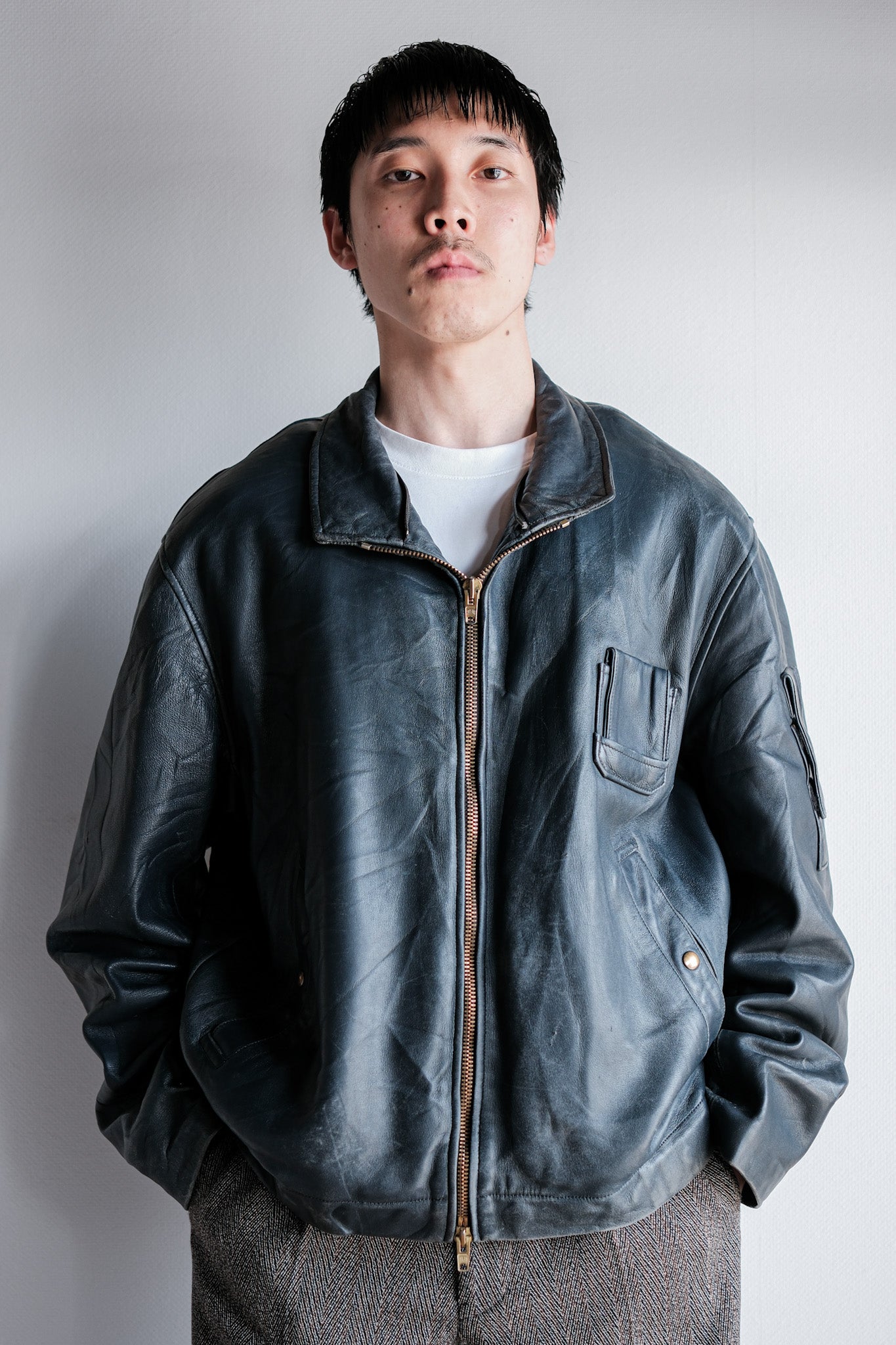 ［~70's］French Air Force Pilot Leather Jacket With Chin Strap & Liner Size.104L