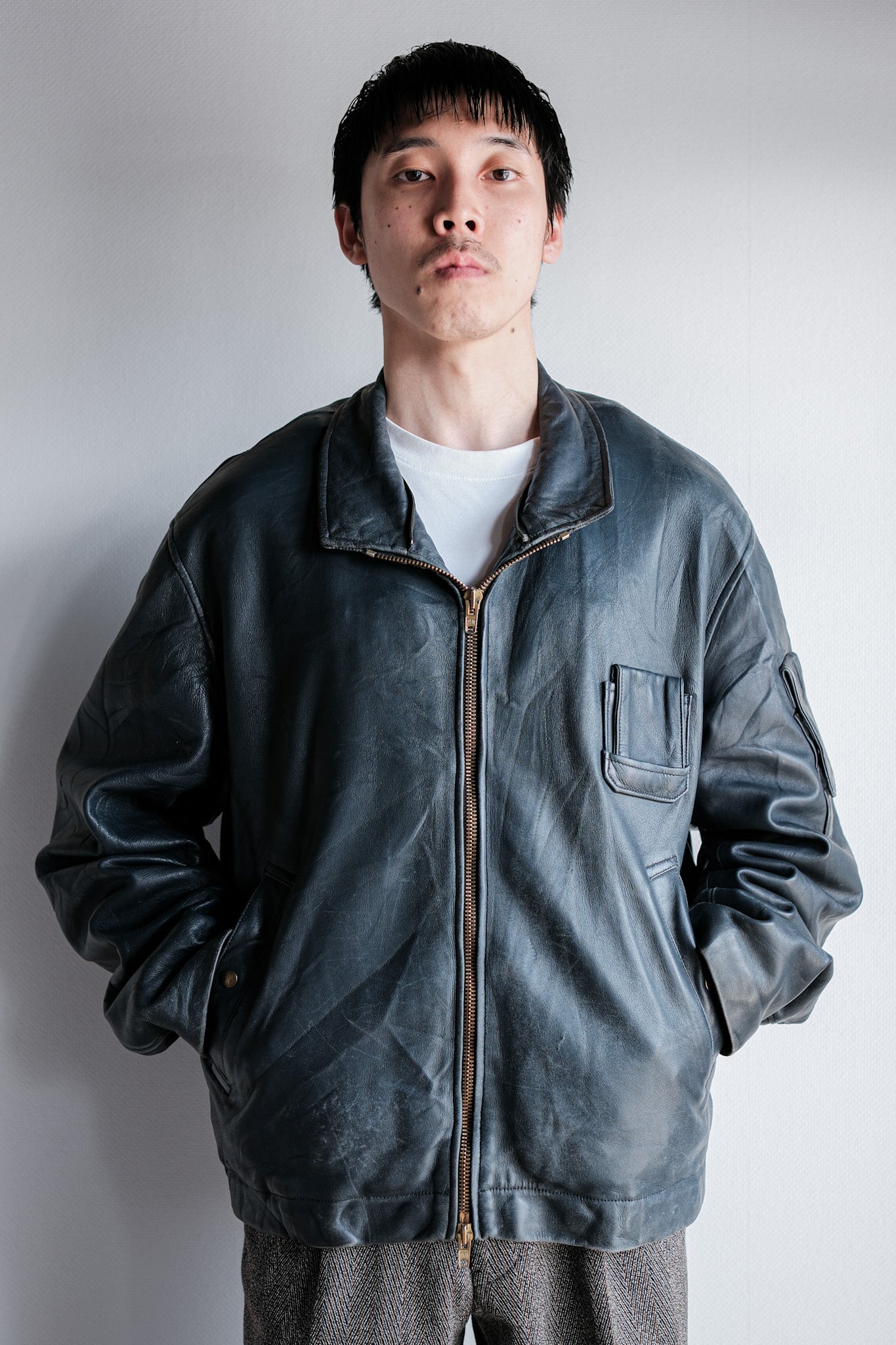［~70's］French Air Force Pilot Leather Jacket With Chin Strap & Liner Size.104L