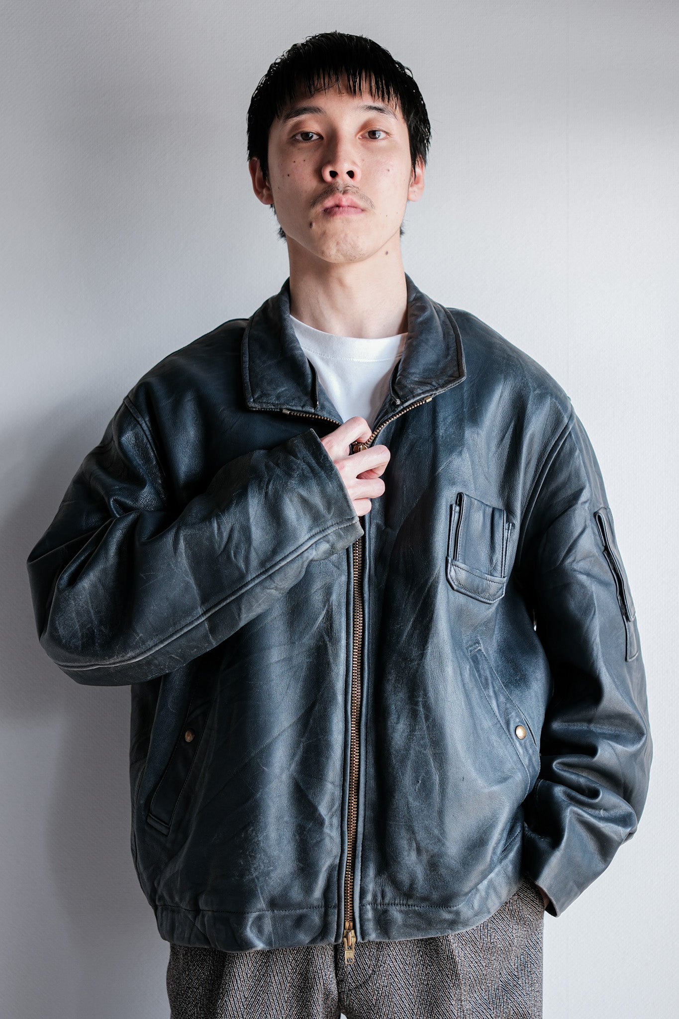 ［~70's］French Air Force Pilot Leather Jacket With Chin Strap & Liner Size.104L