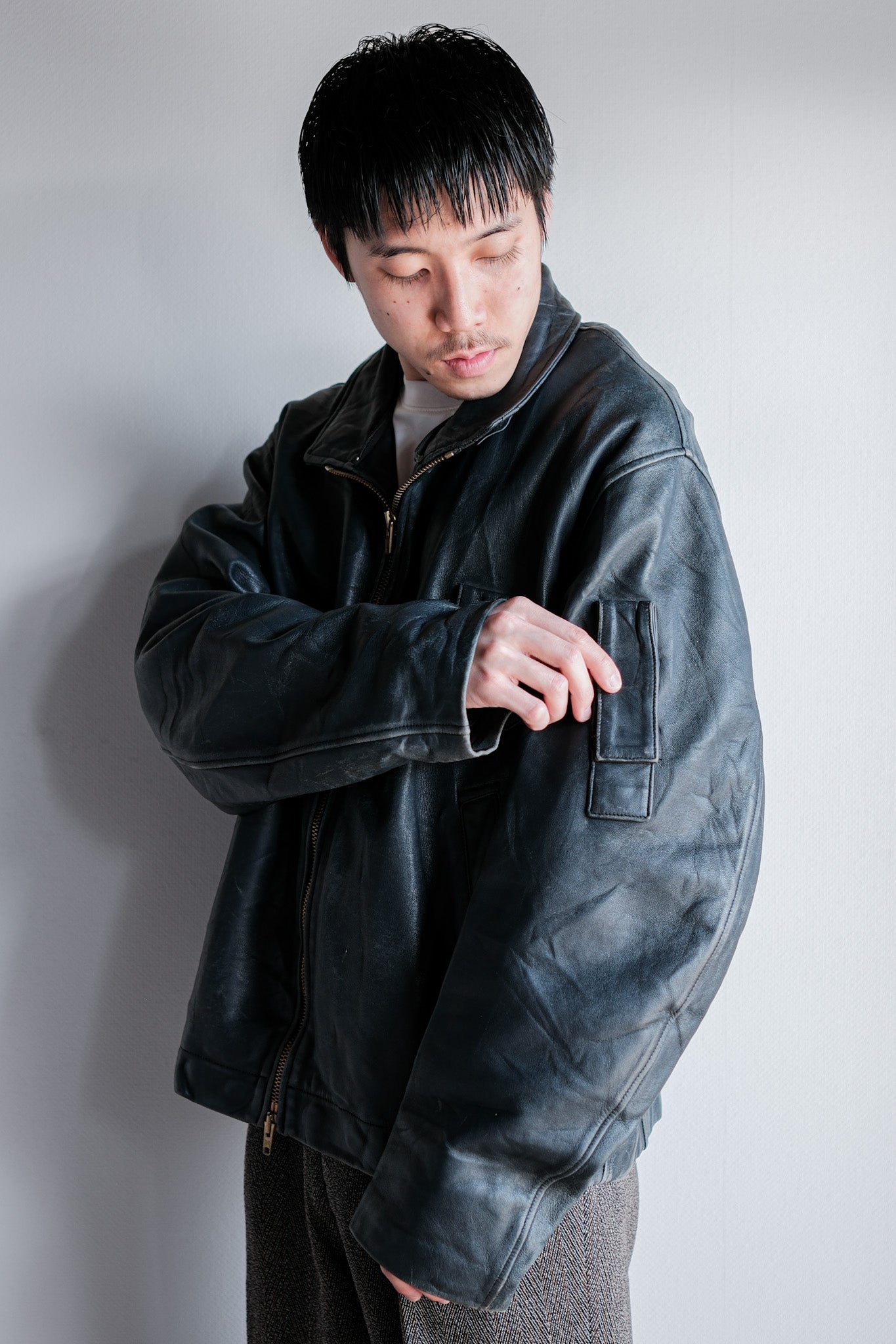 ［~70's］French Air Force Pilot Leather Jacket With Chin Strap & Liner Size.104L