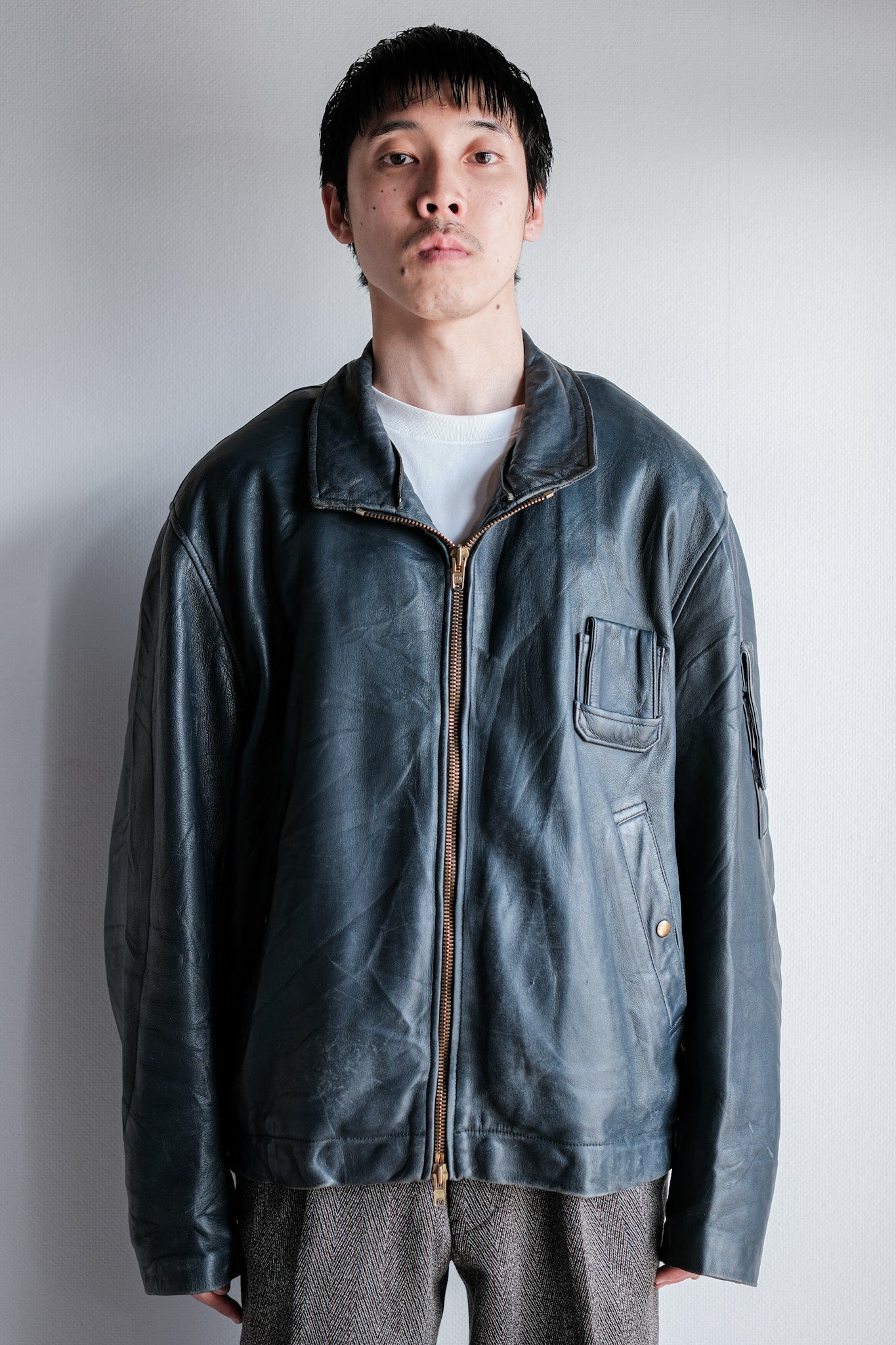 ［~70's］French Air Force Pilot Leather Jacket With Chin Strap & Liner Size.104L