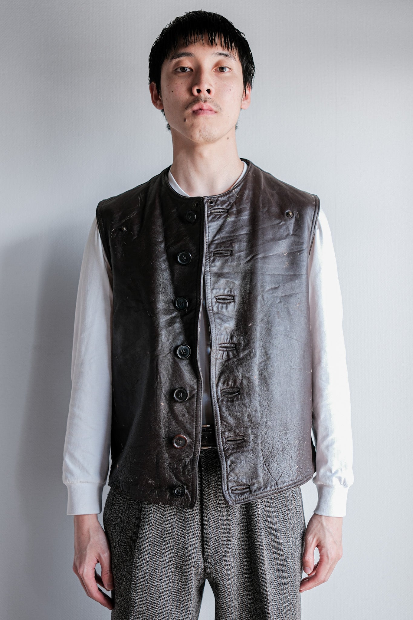 【~40's】French Army Cavalier Leather Vest "Modified"