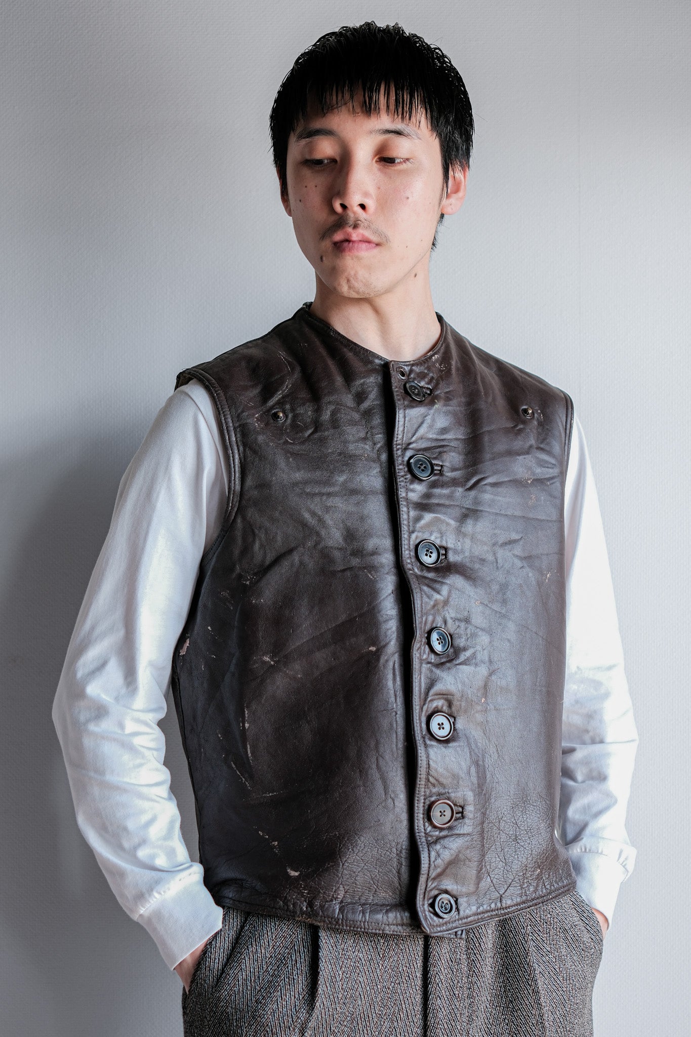 【~40's】French Army Cavalier Leather Vest "Modified"