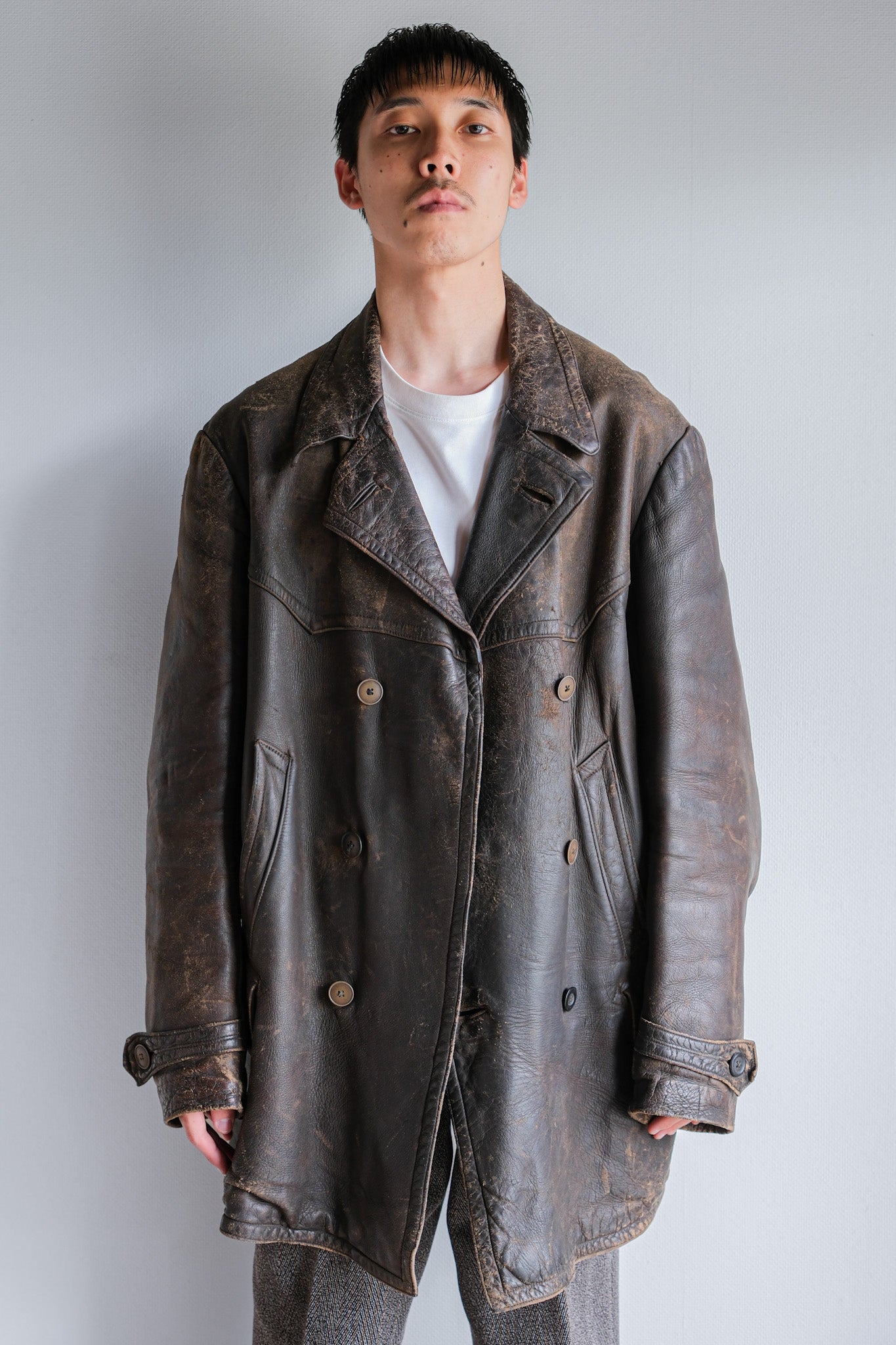 【~40's】WWⅡ German Hitler-Jugend Double Breasted Motorcycle Leather Jacket