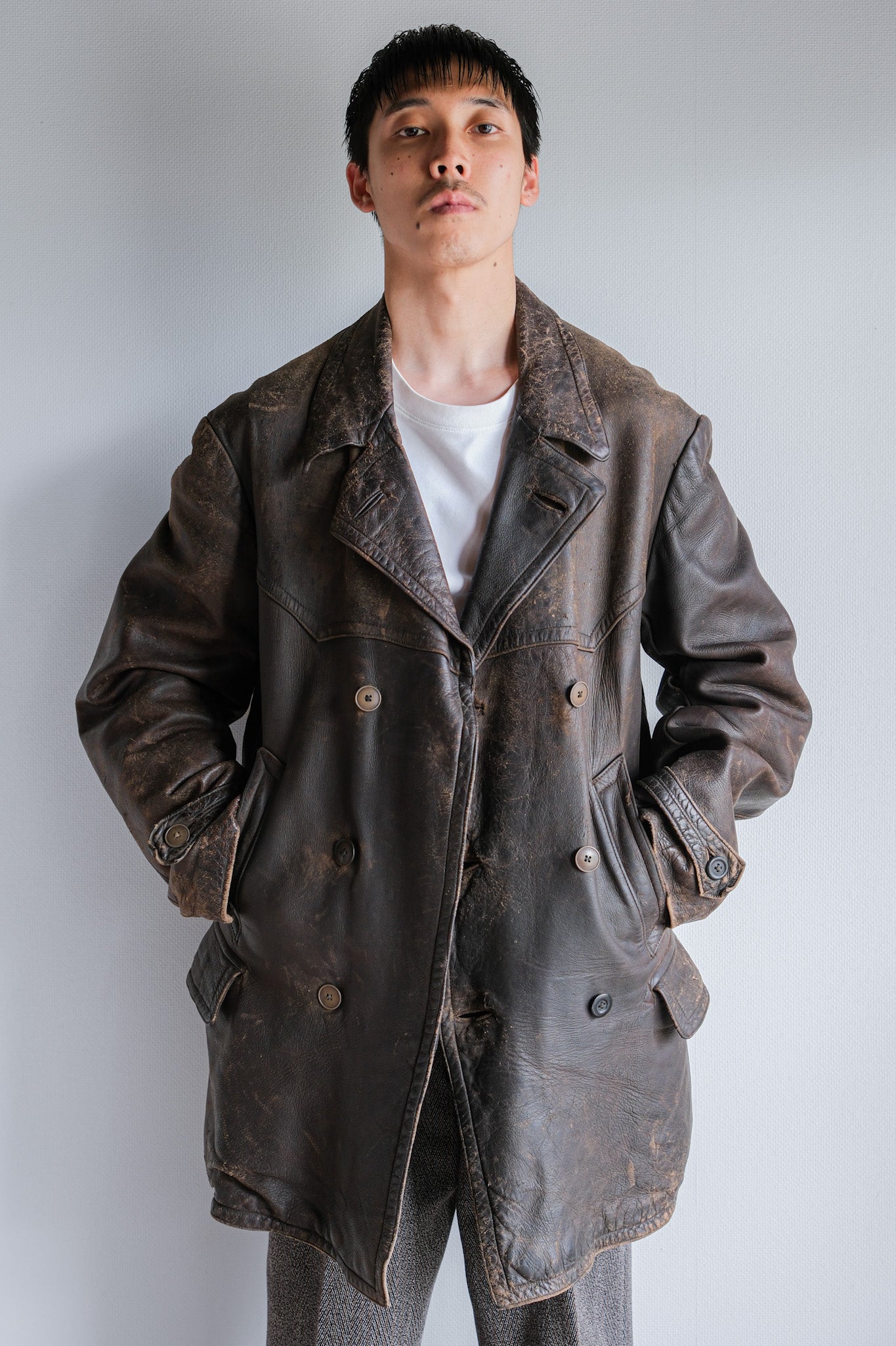 [~ 40's] WWⅡ German Hitler-Jugend Double Breasted Motorcycle Leather Jacket