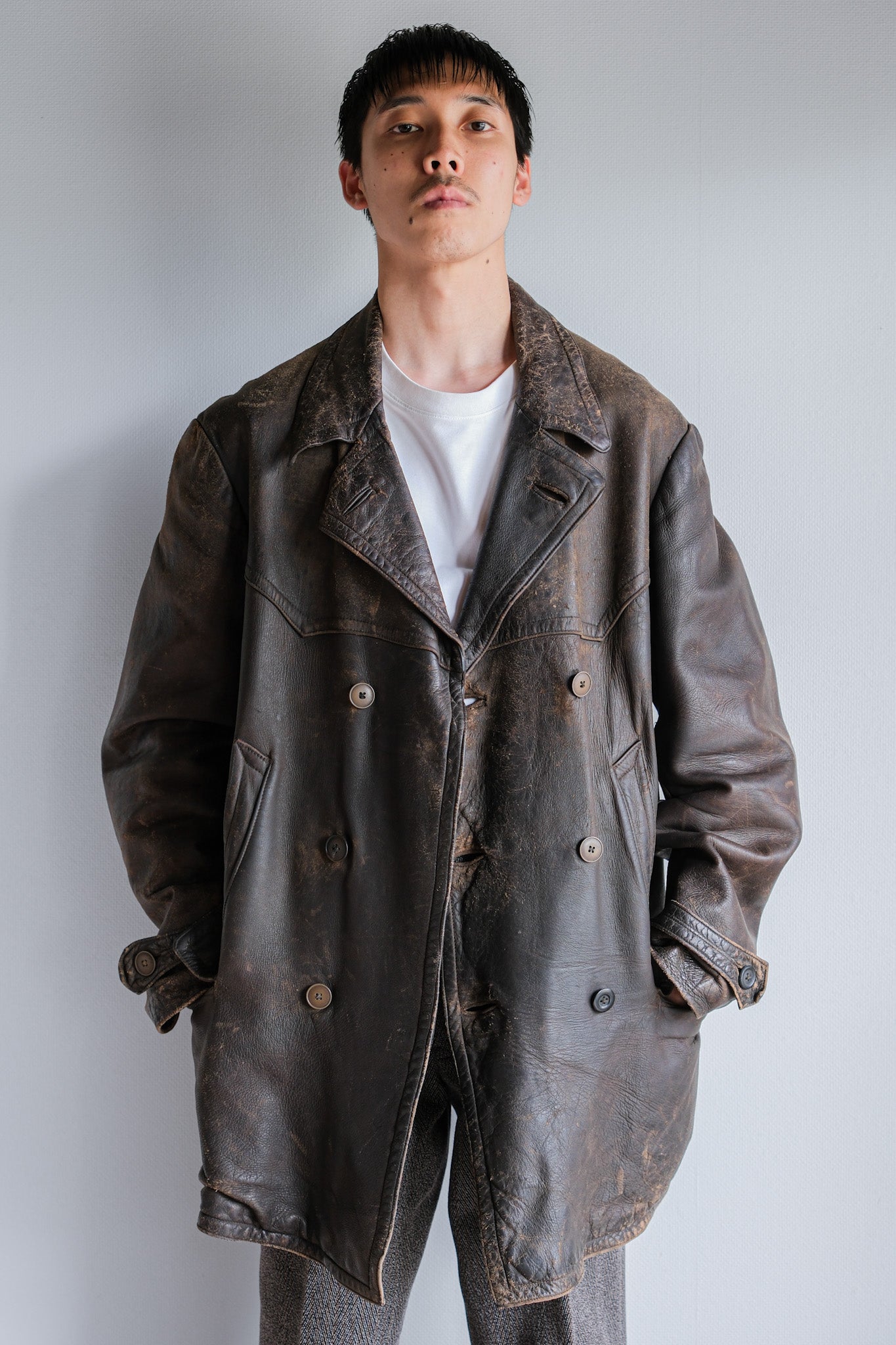 【~40's】WWⅡ German Hitler-Jugend Double Breasted Motorcycle Leather Jacket