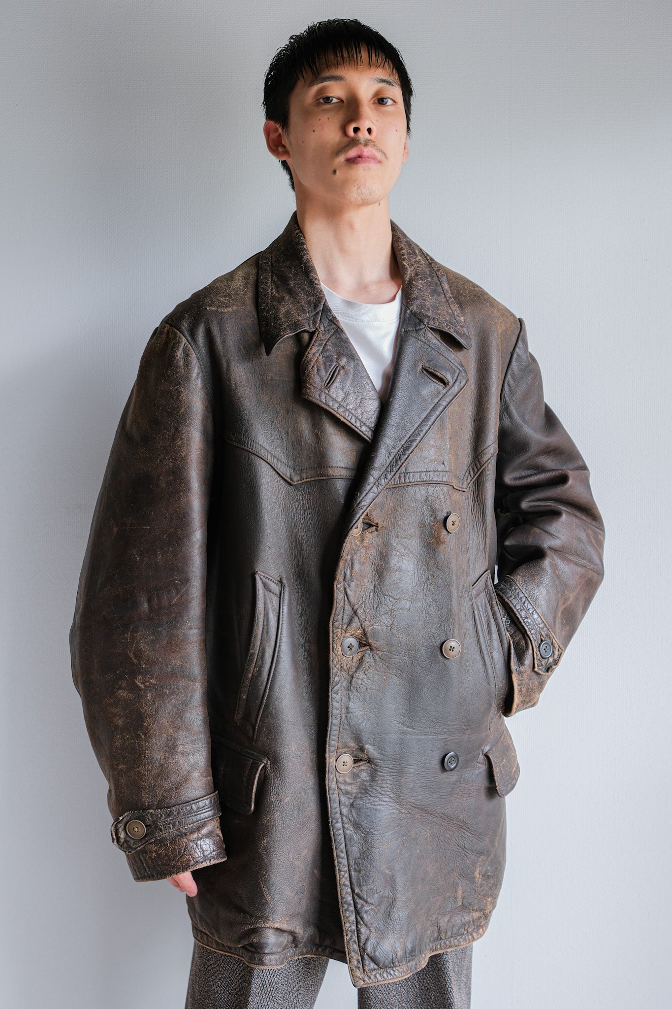 ［~40's］WWⅡ German Hitler-Jugend Double Breasted Motorcycle Leather Jacket
