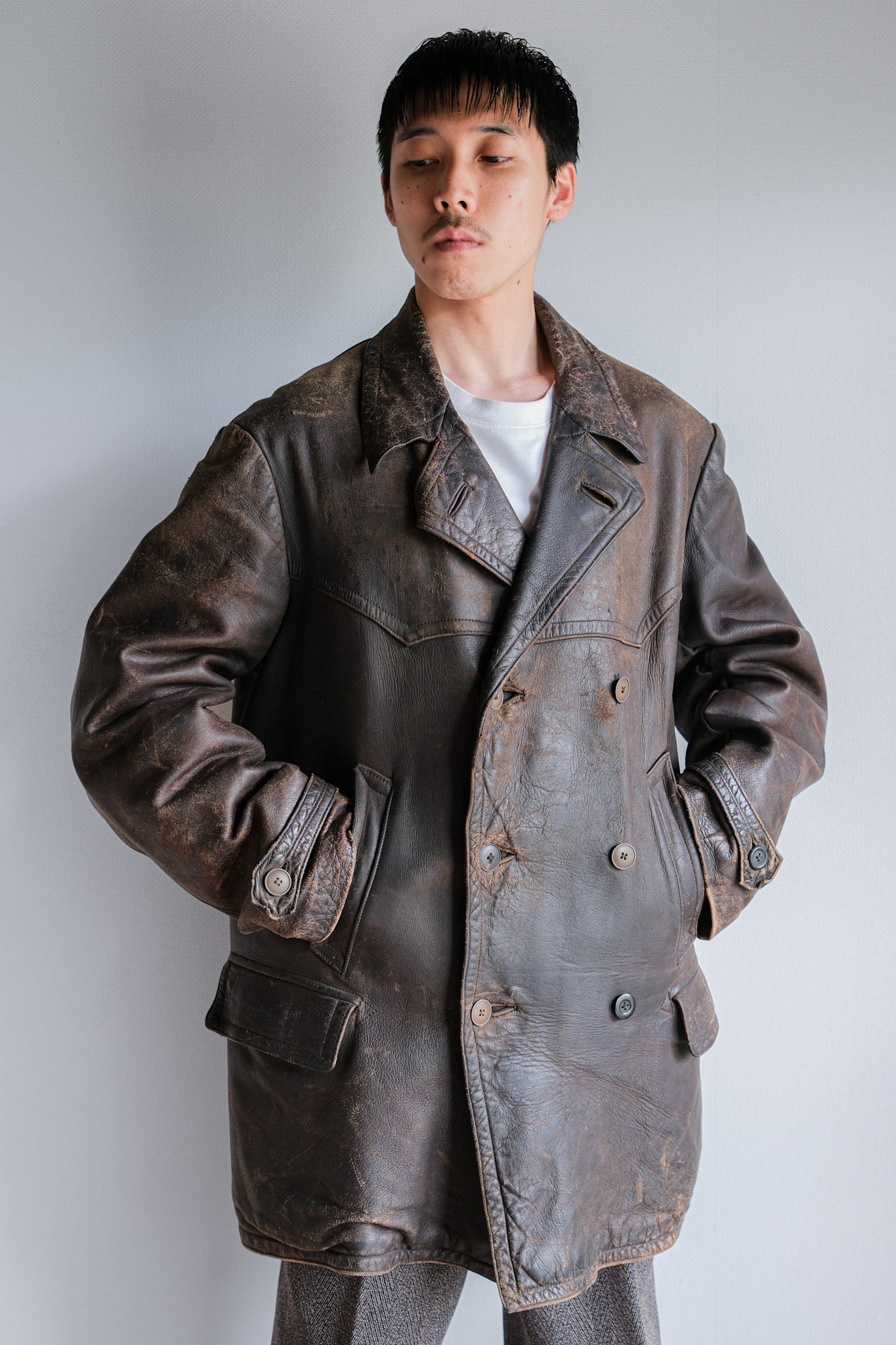 ［~40's］WWⅡ German Hitler-Jugend Double Breasted Motorcycle Leather Jacket