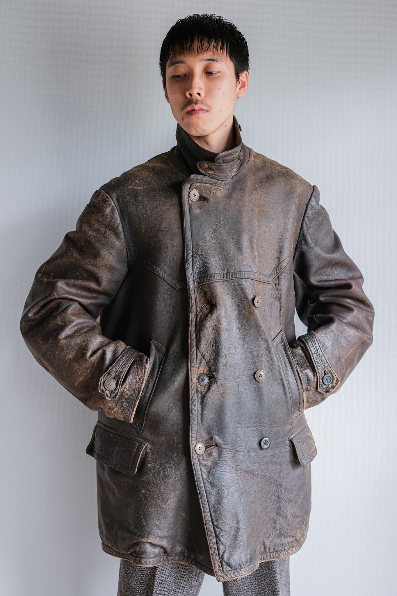 【~40's】WWⅡ German Hitler-Jugend Double Breasted Motorcycle Leather Jacket