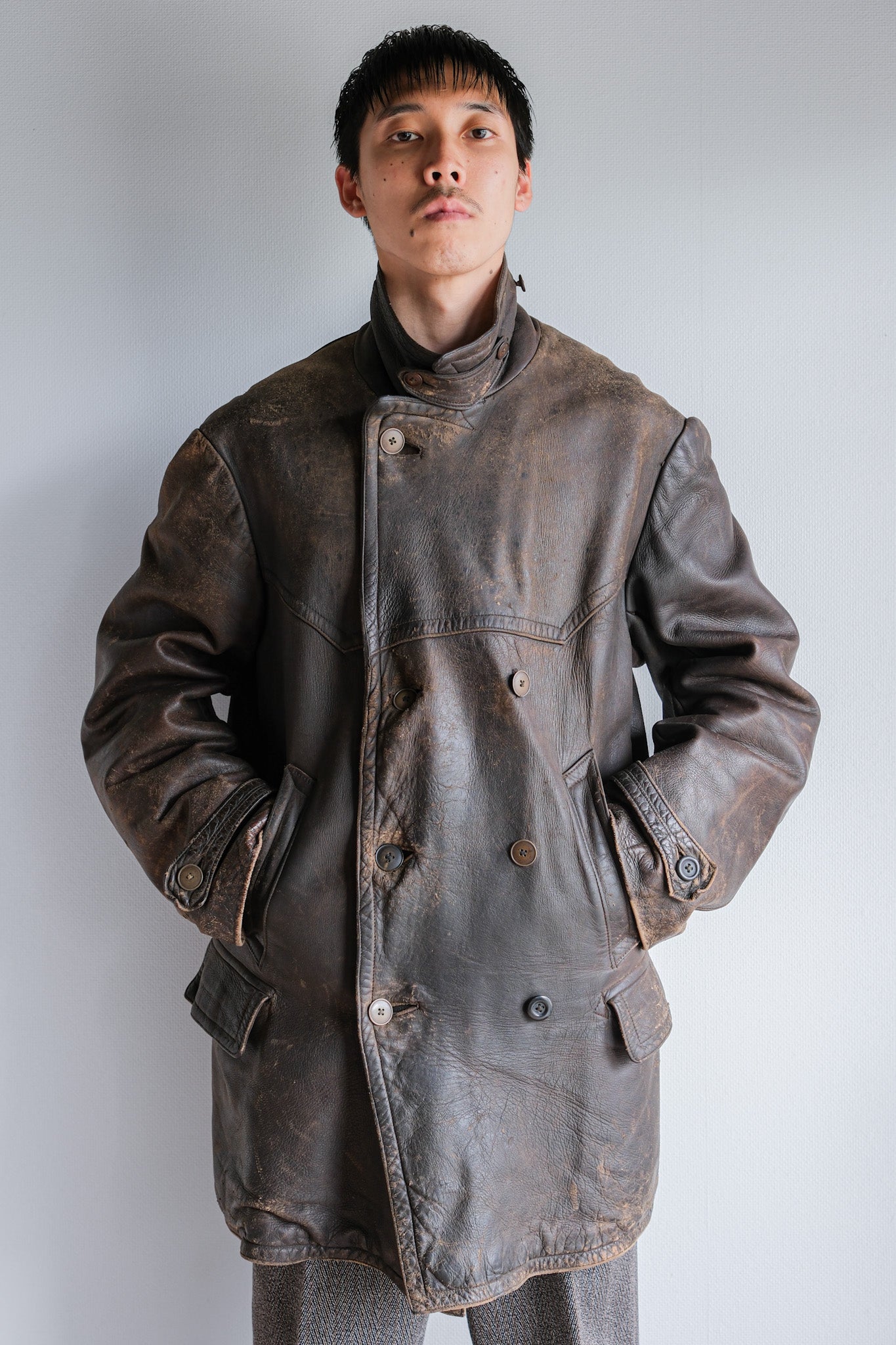 【~40's】WWⅡ German Hitler-Jugend Double Breasted Motorcycle Leather Jacket