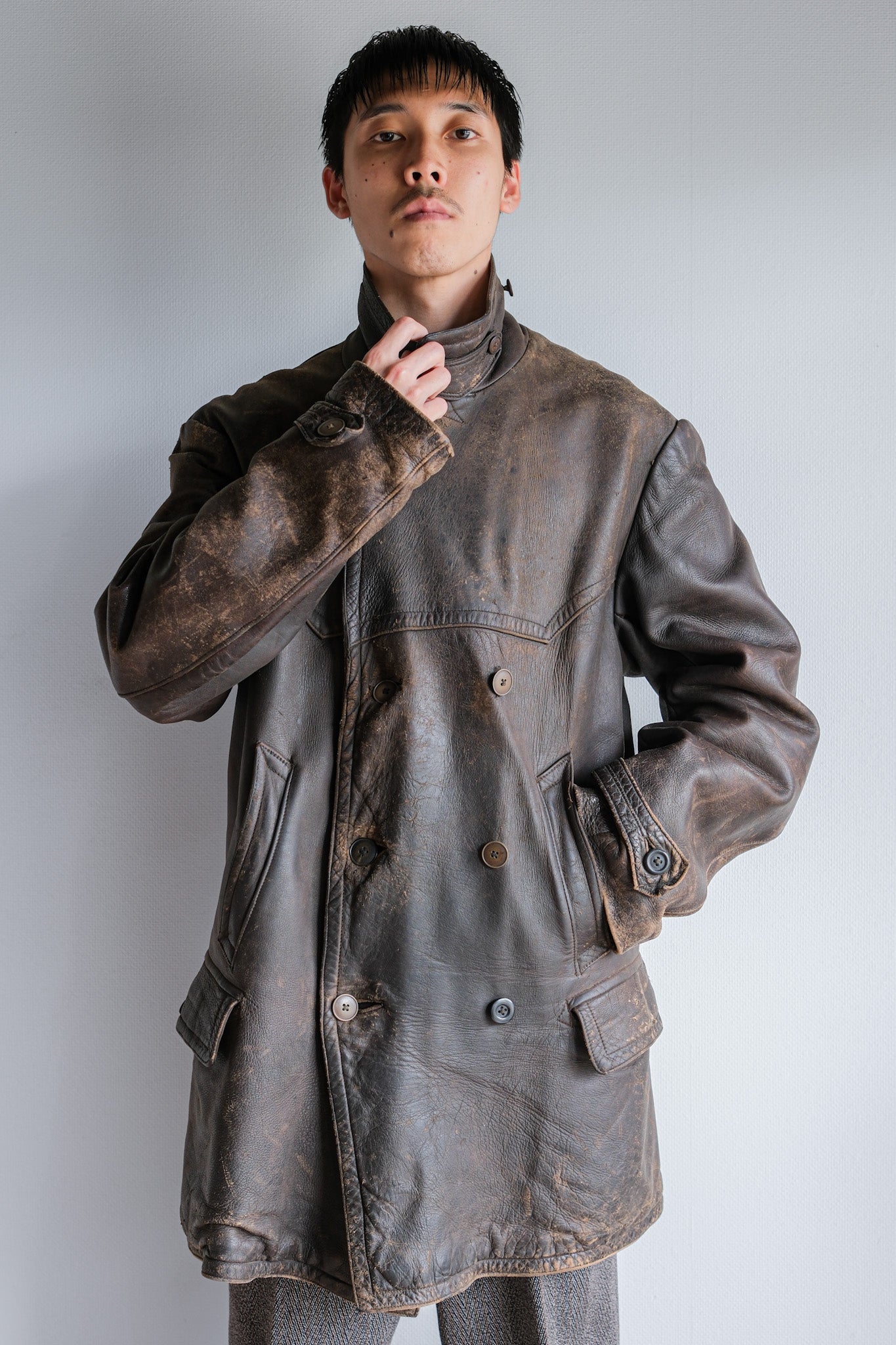 【~40's】WWⅡ German Hitler-Jugend Double Breasted Motorcycle Leather Jacket