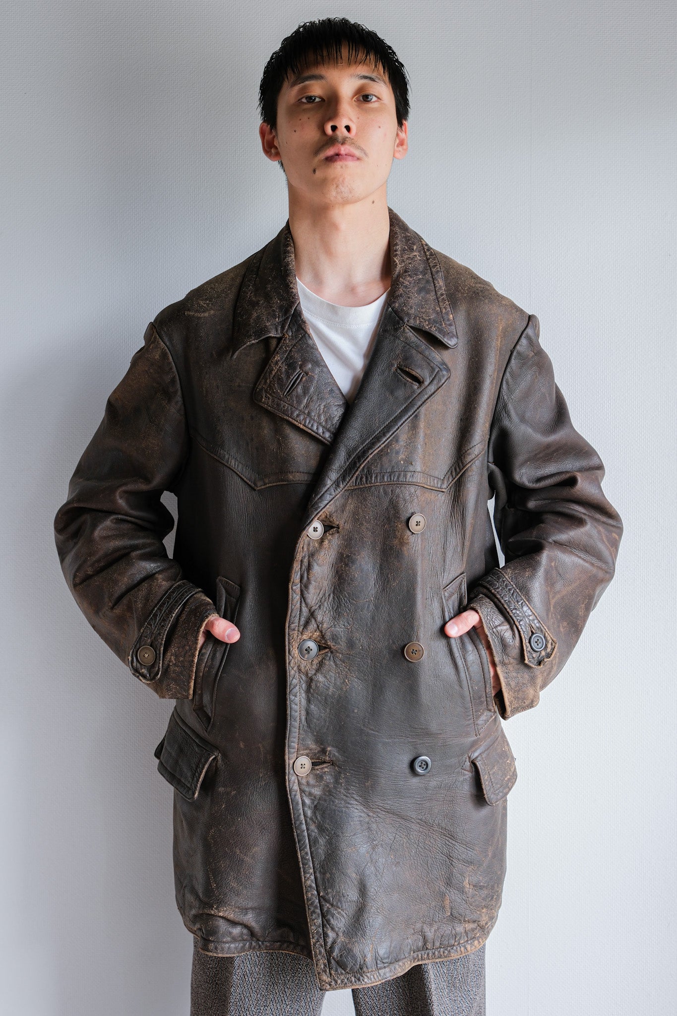 【~40's】WWⅡ German Hitler-Jugend Double Breasted Motorcycle Leather Jacket