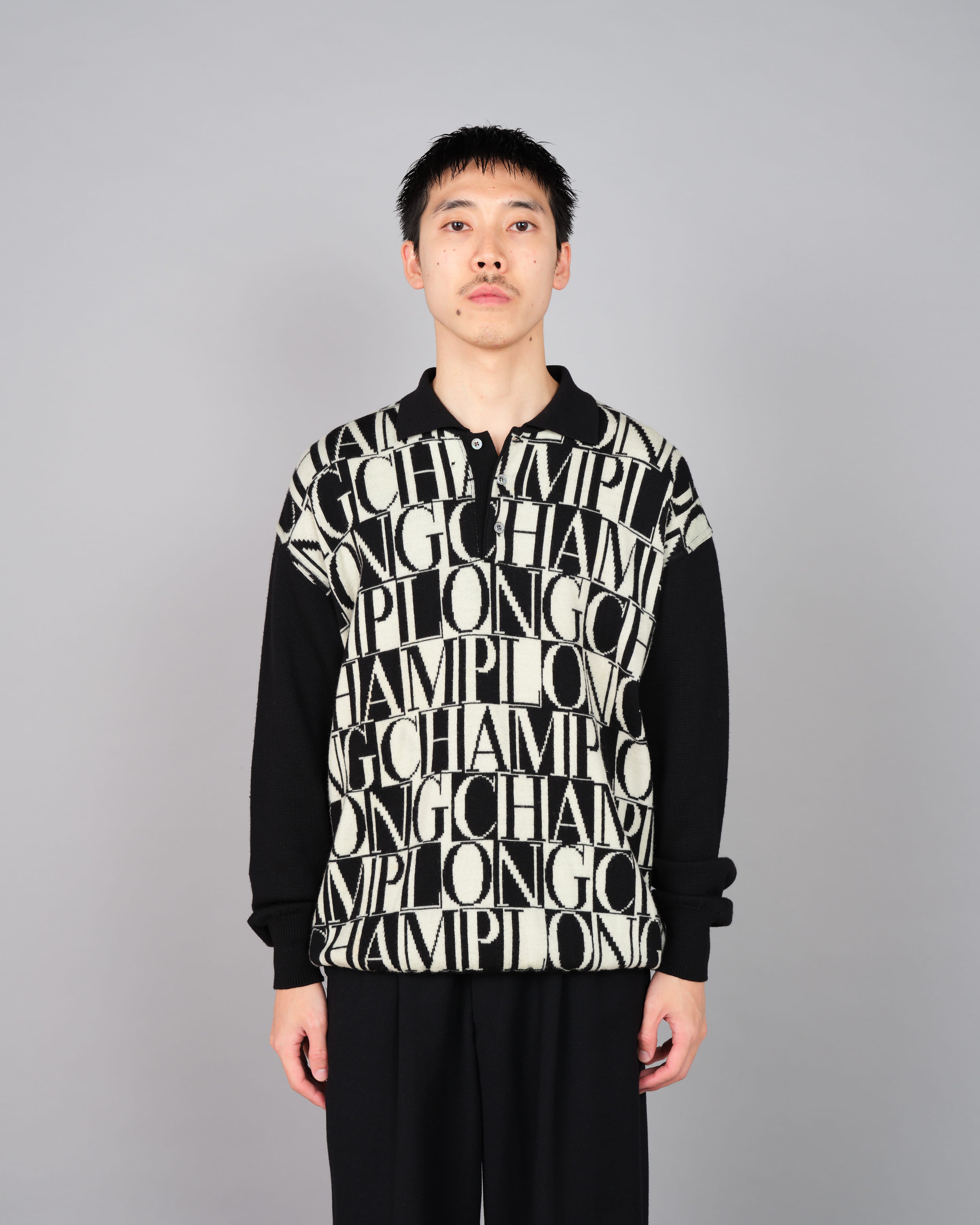 【~90’s】Old LONGCHAMP Merino Wool Patterned L/S Knit Polo Shirt Size.52