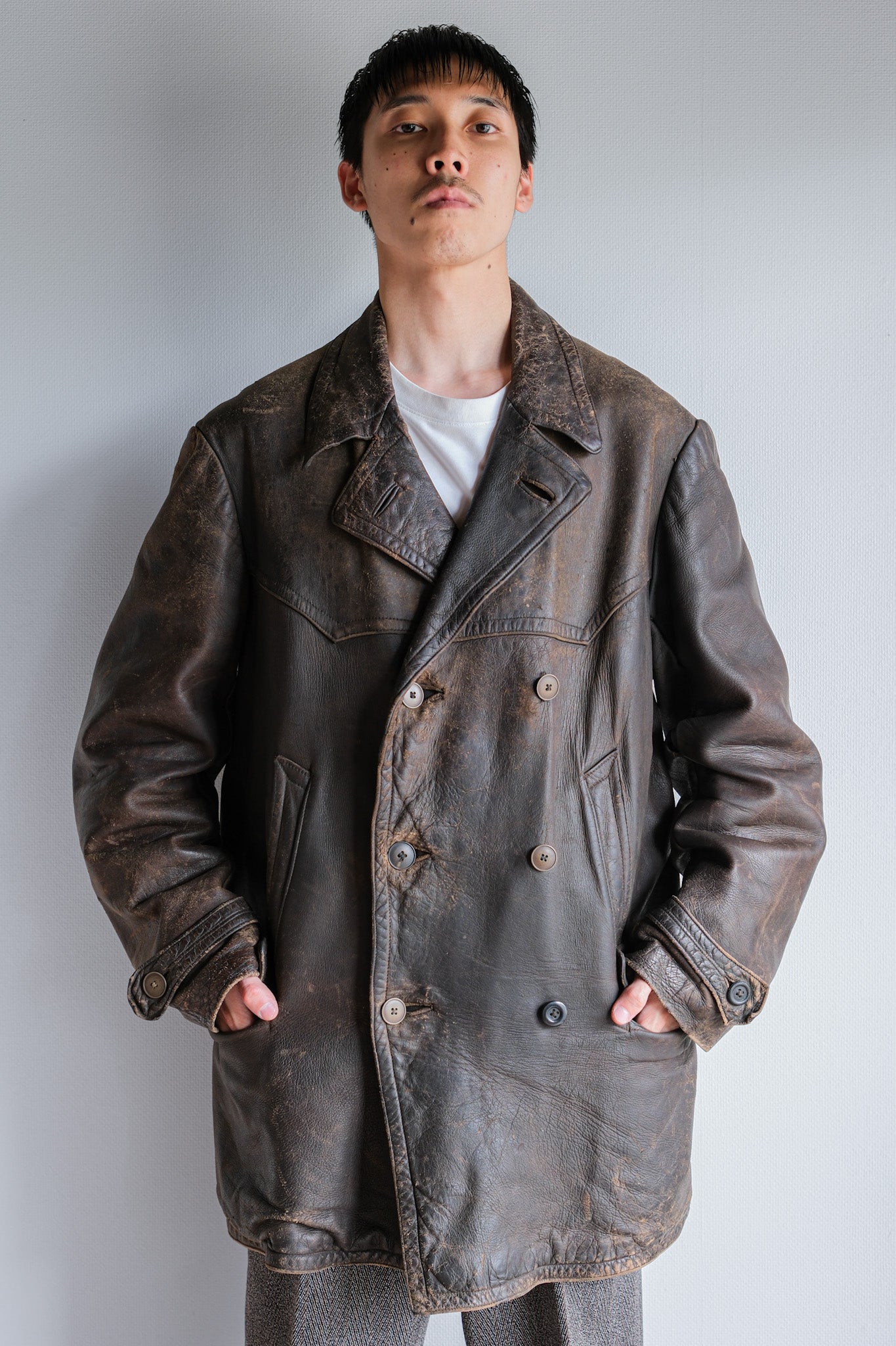 【~40's】WWⅡ German Hitler-Jugend Double Breasted Motorcycle Leather Jacket