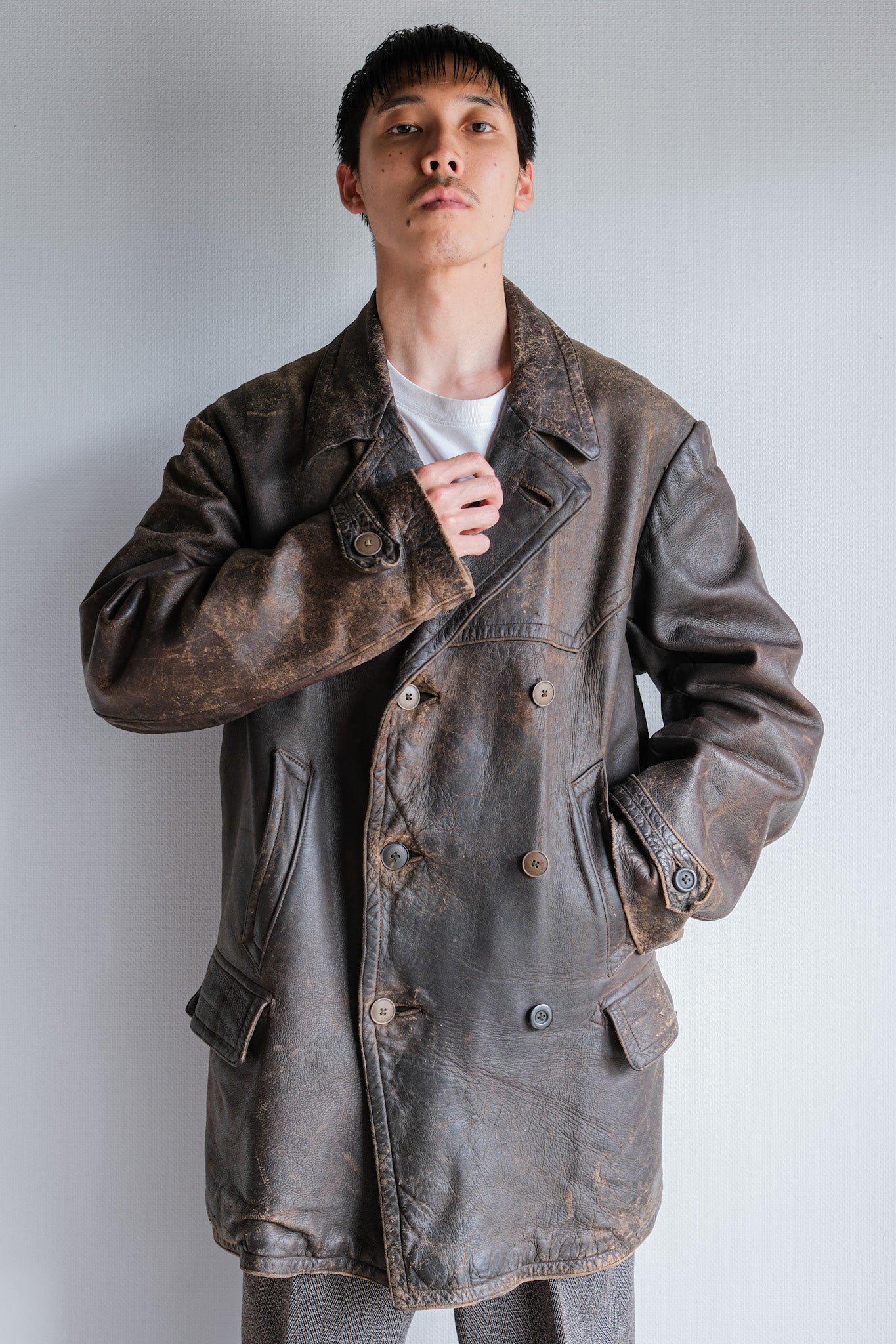 【~40's】WWⅡ German Hitler-Jugend Double Breasted Motorcycle Leather Jacket