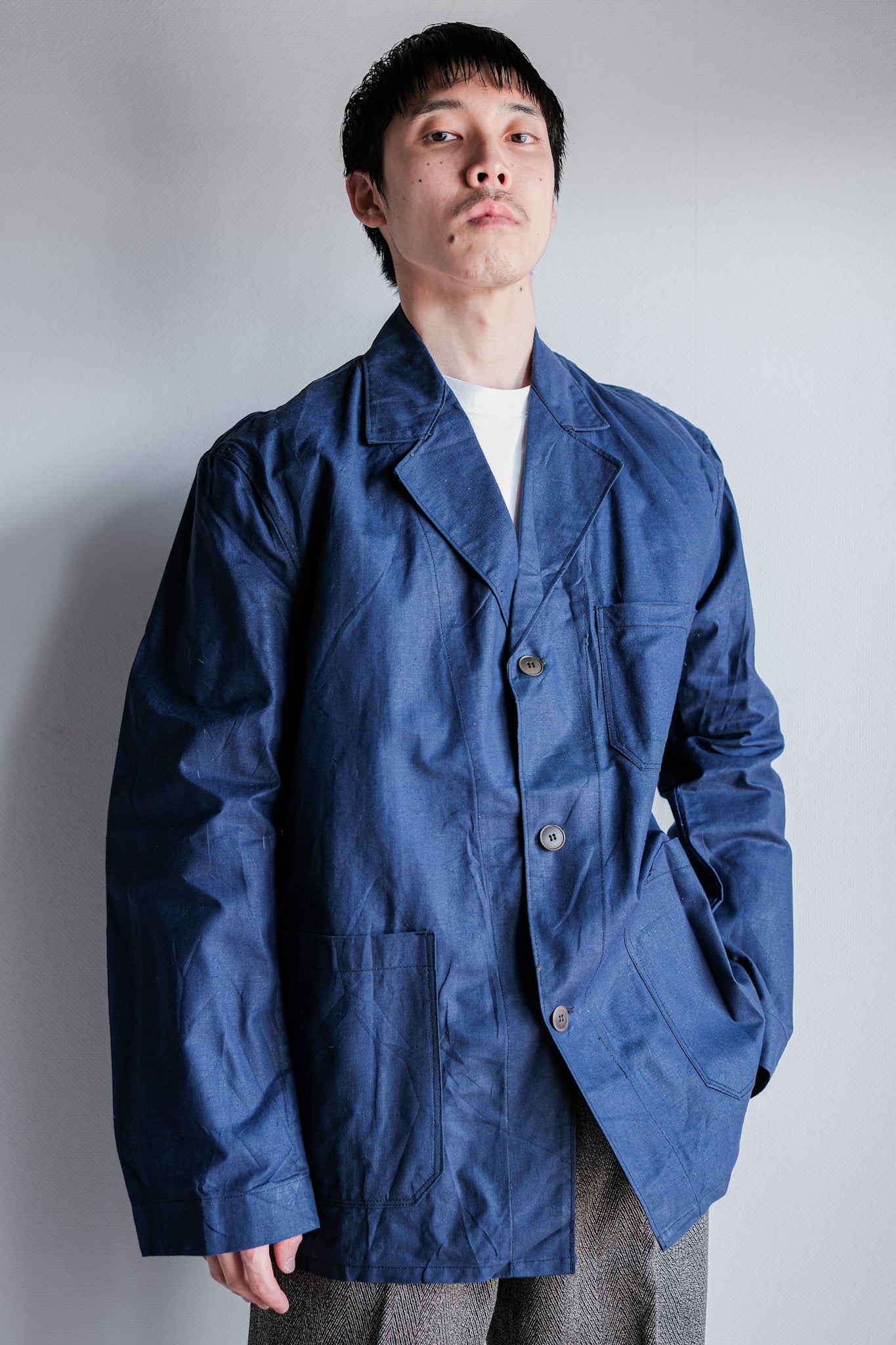 ［~50's］French Vintage Blue Linen Lapel Work Jacket "Dead Stock"