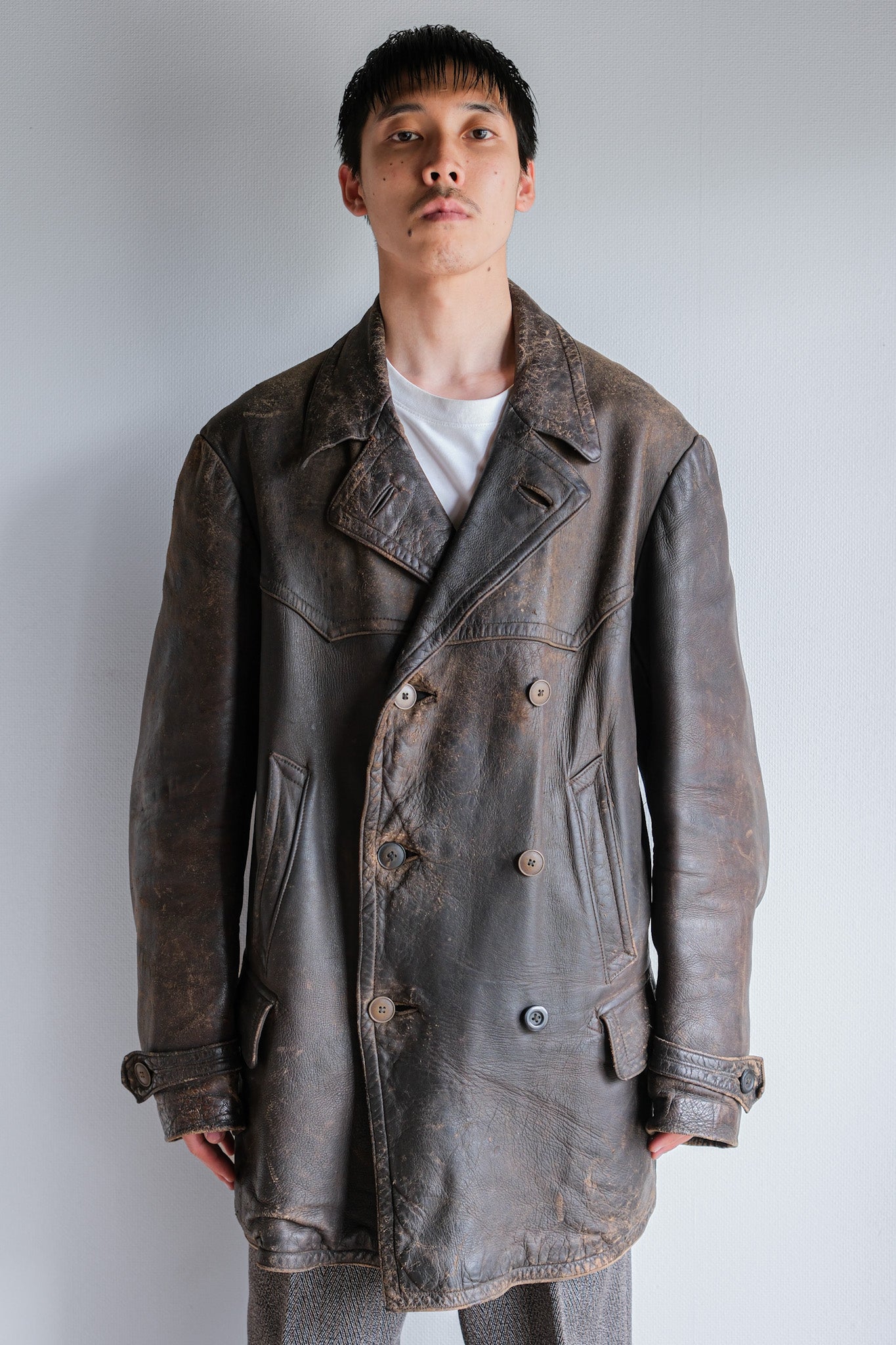 【~40's】WWⅡ German Hitler-Jugend Double Breasted Motorcycle Leather Jacket