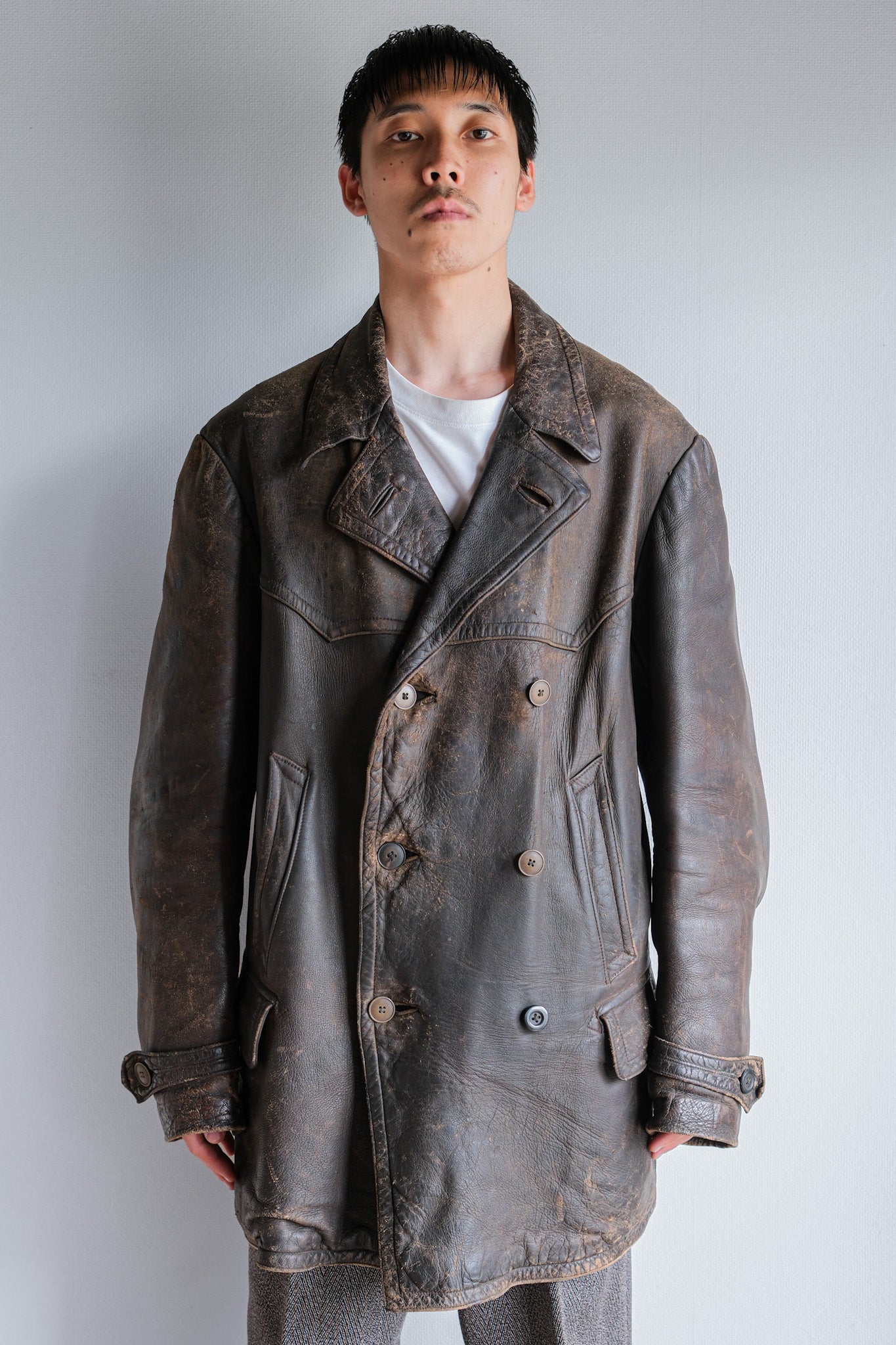 ［~40's］WWⅡ German Hitler-Jugend Double Breasted Motorcycle Leather Jacket