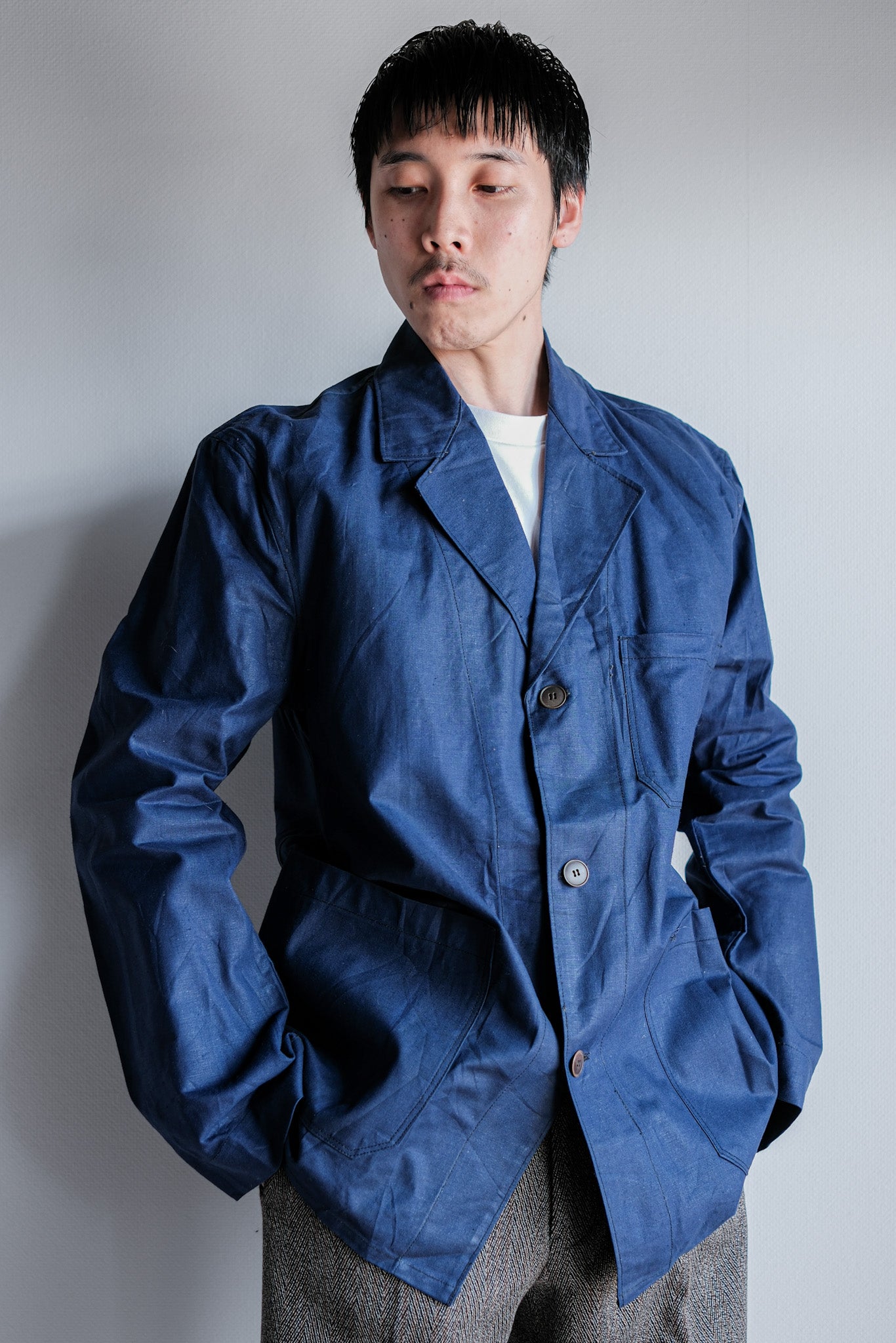 【~50's】French Vintage Blue Linen Lapel Work Jacket "Dead Stock"