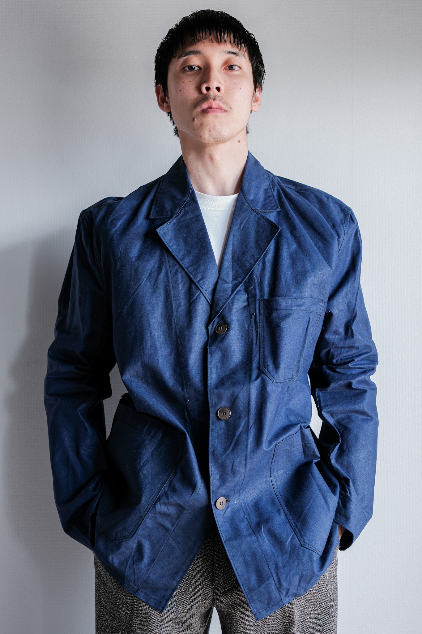 ［~50's］French Vintage Blue Linen Lapel Work Jacket "Dead Stock"