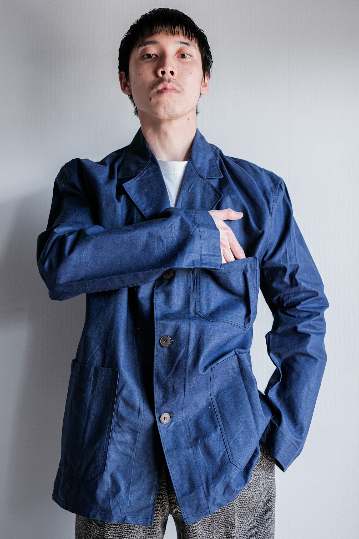 【~50's】French Vintage Blue Linen Lapel Work Jacket "Dead Stock"