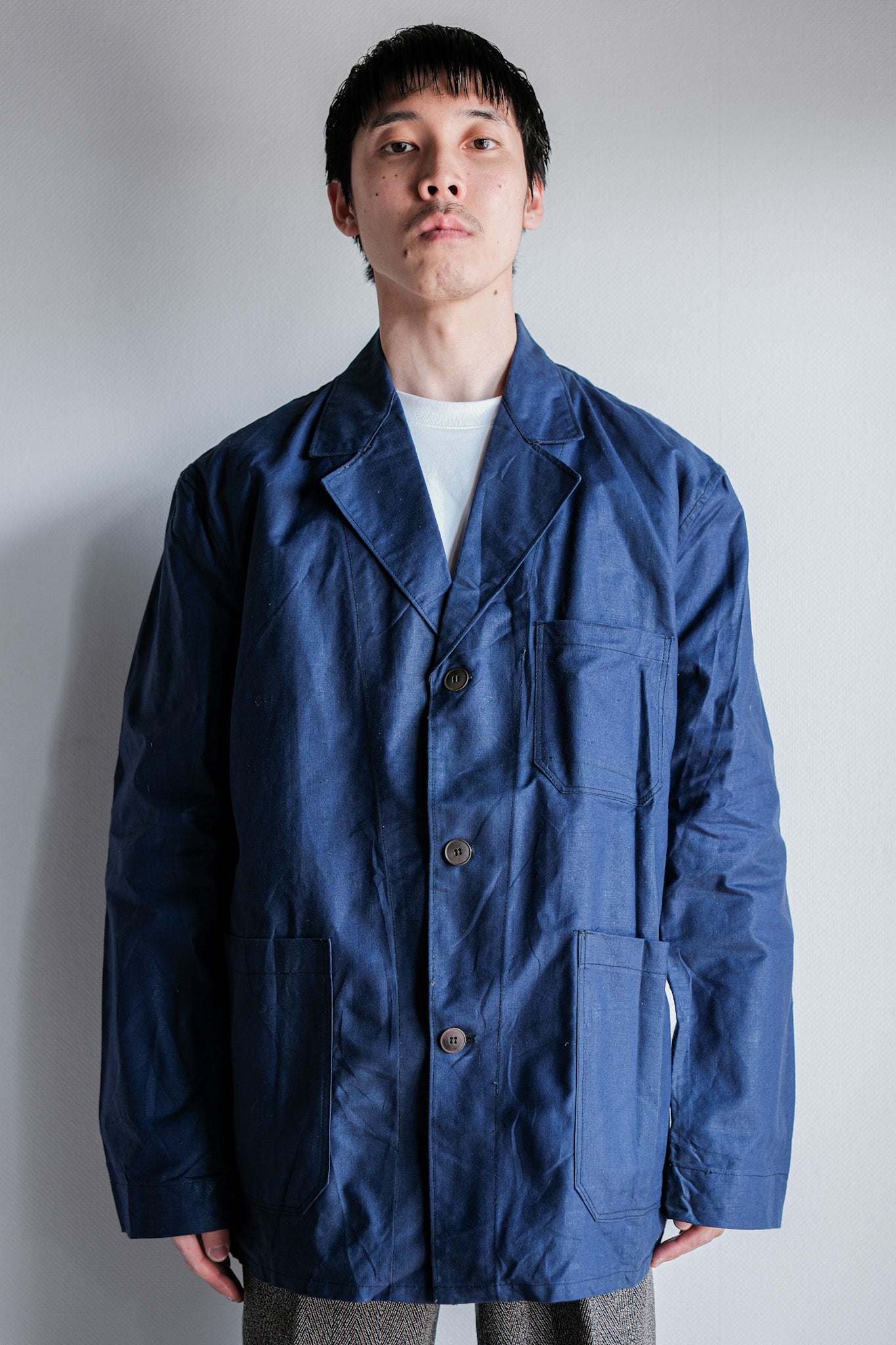 【~50's】French Vintage Blue Linen Lapel Work Jacket "Dead Stock"