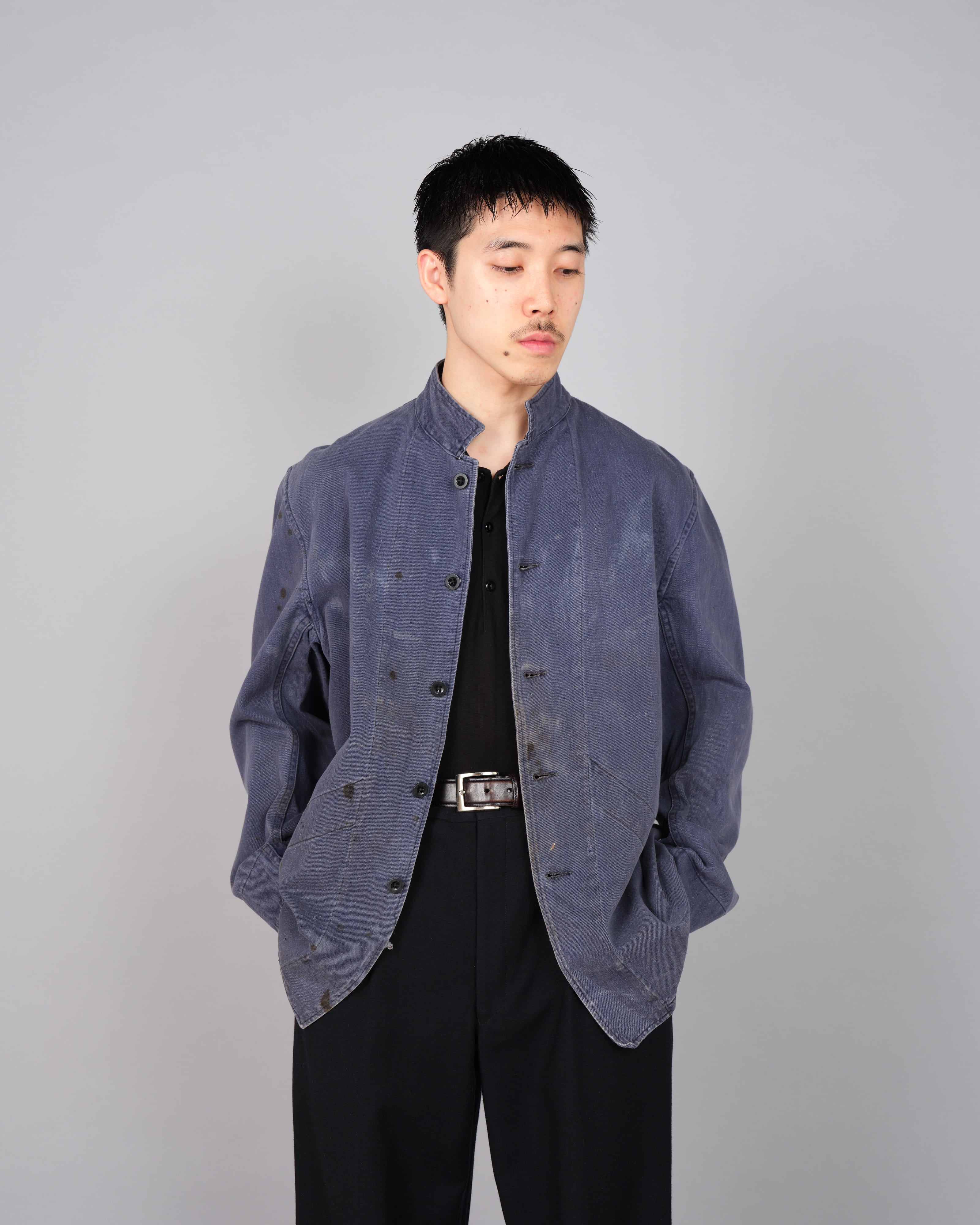 50's】British Vintage Blue Cotton Drill Stand Collar Work Jacket Size