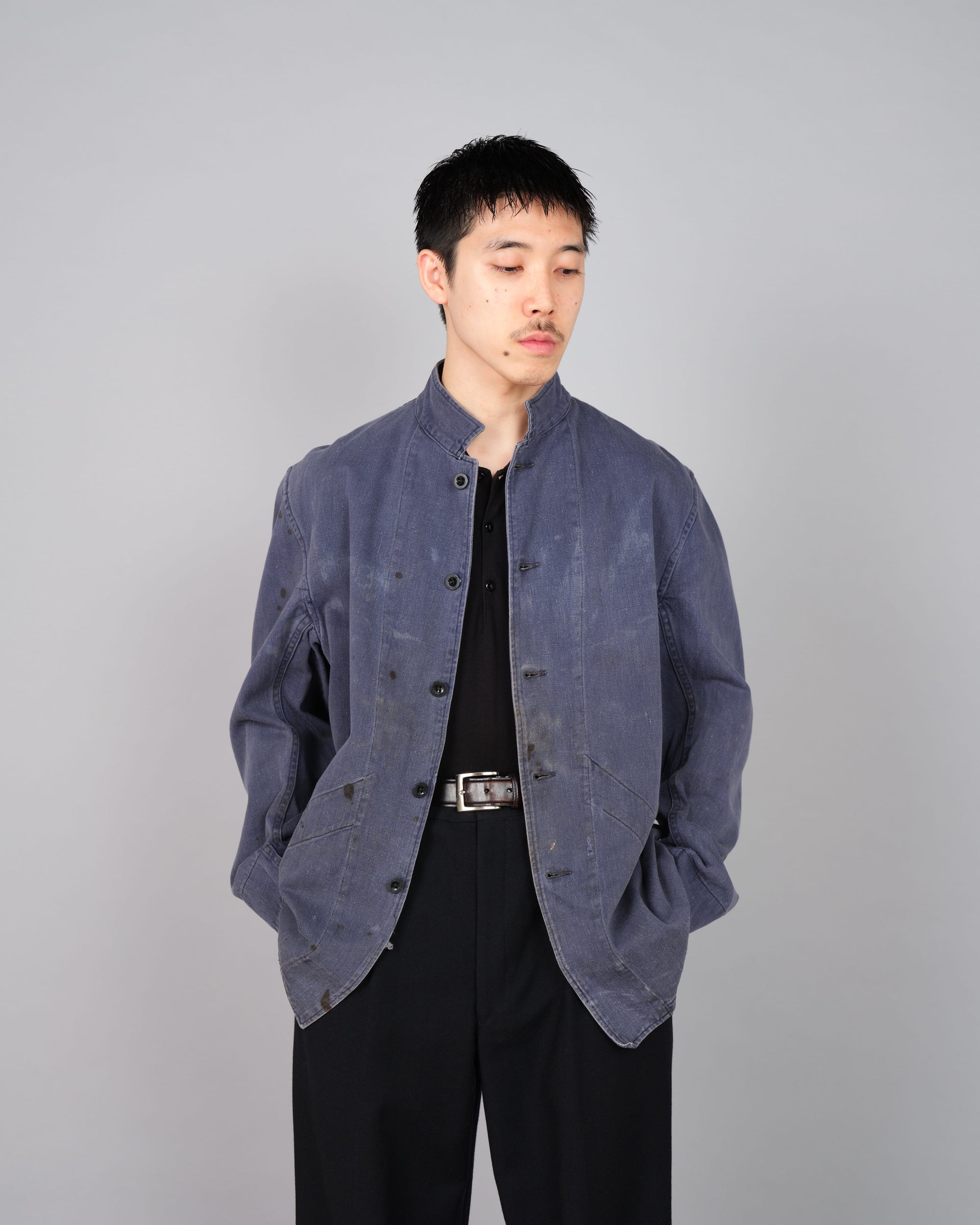 ［~50's］British Vintage Blue Cotton Drill Stand Collar Work Jacket Size.6