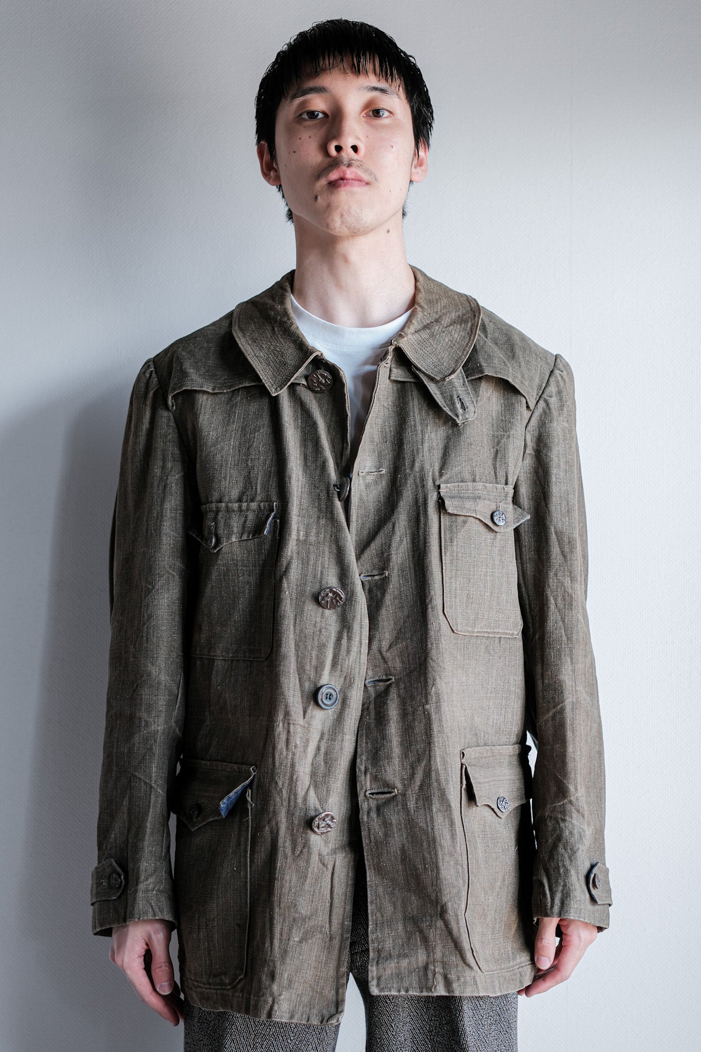 ［~20's］French Vintage Linen Canvas Hunting Jacket With Chin Strap