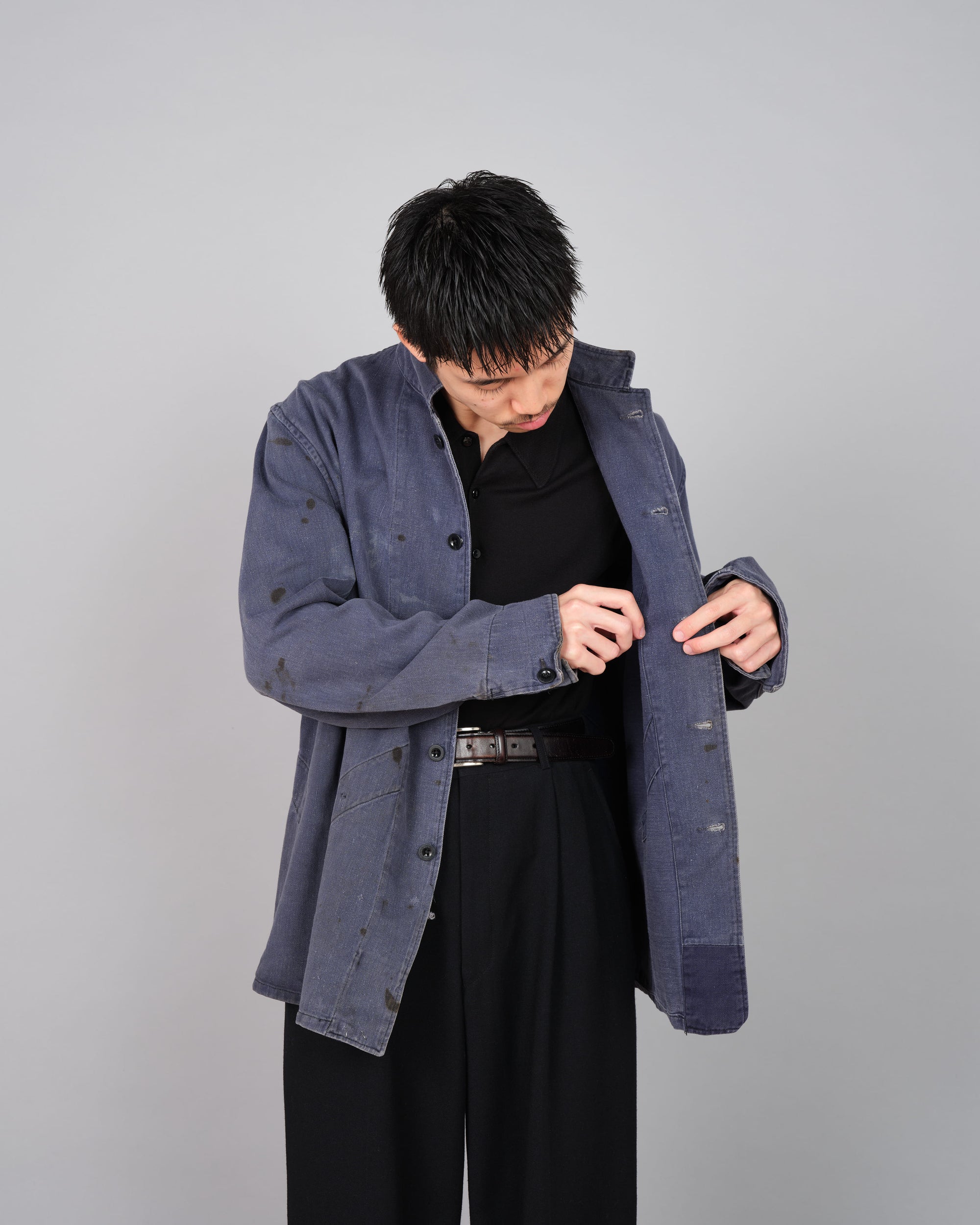 ［~50's］British Vintage Blue Cotton Drill Stand Collar Work Jacket Size.6