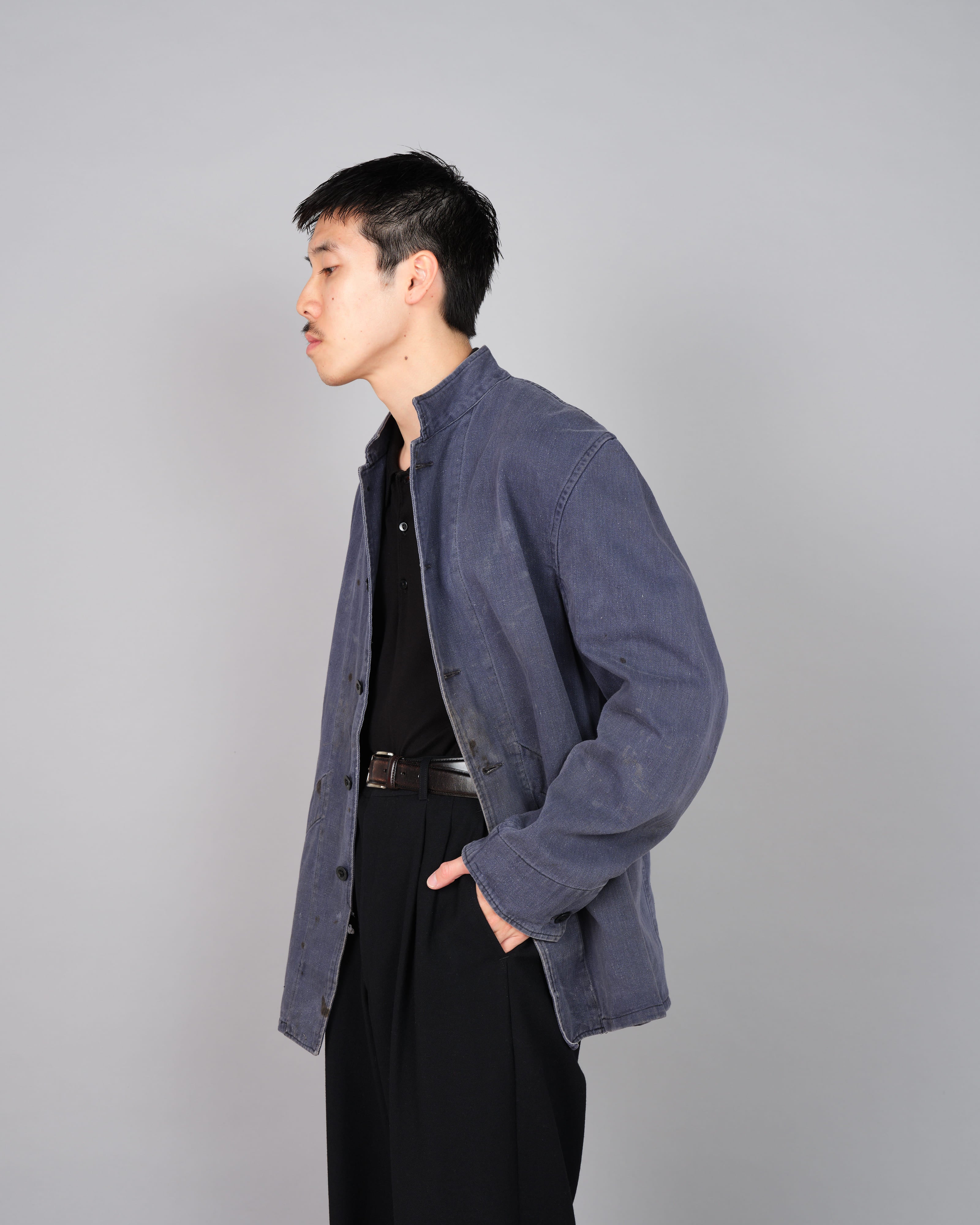 50's】British Vintage Blue Cotton Drill Stand Collar Work Jacket Size