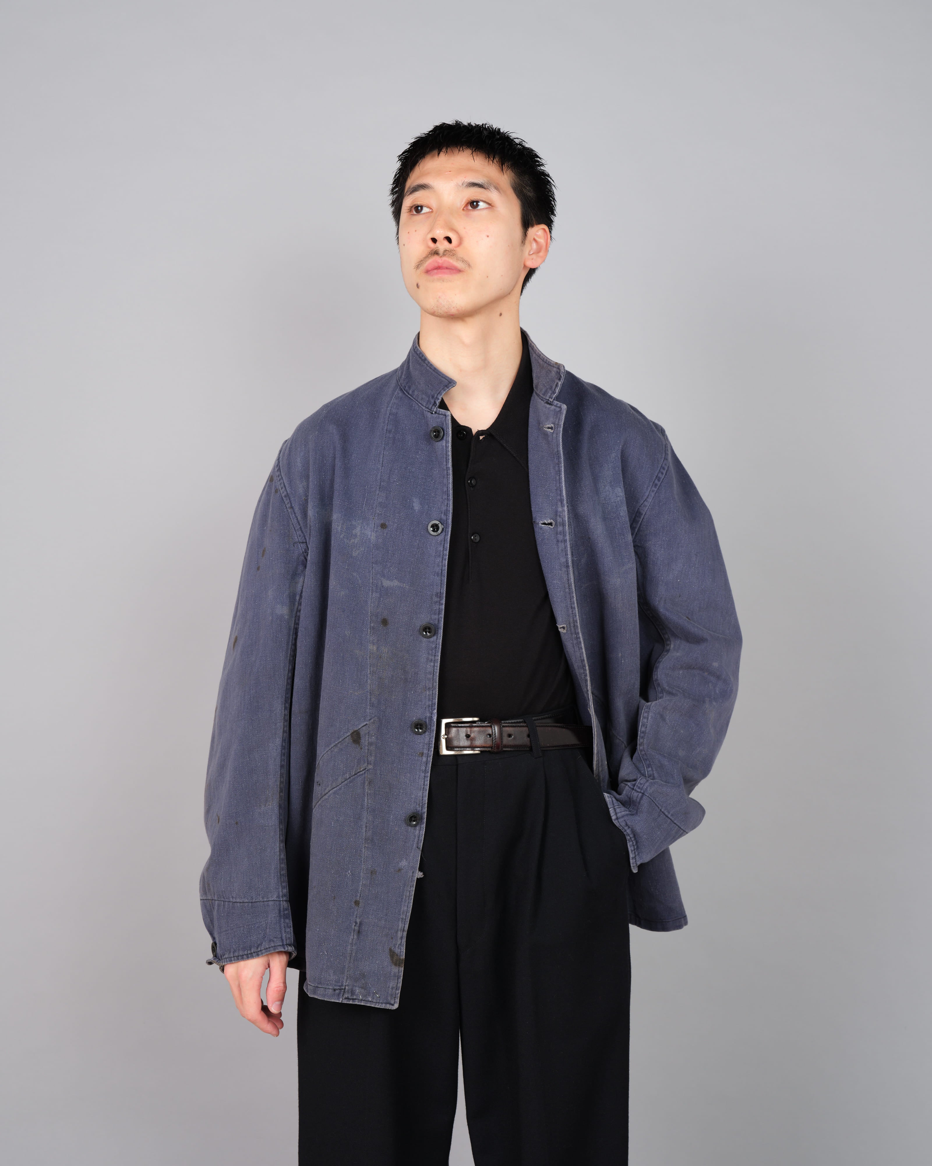 50's】British Vintage Blue Cotton Drill Stand Collar Work Jacket Size