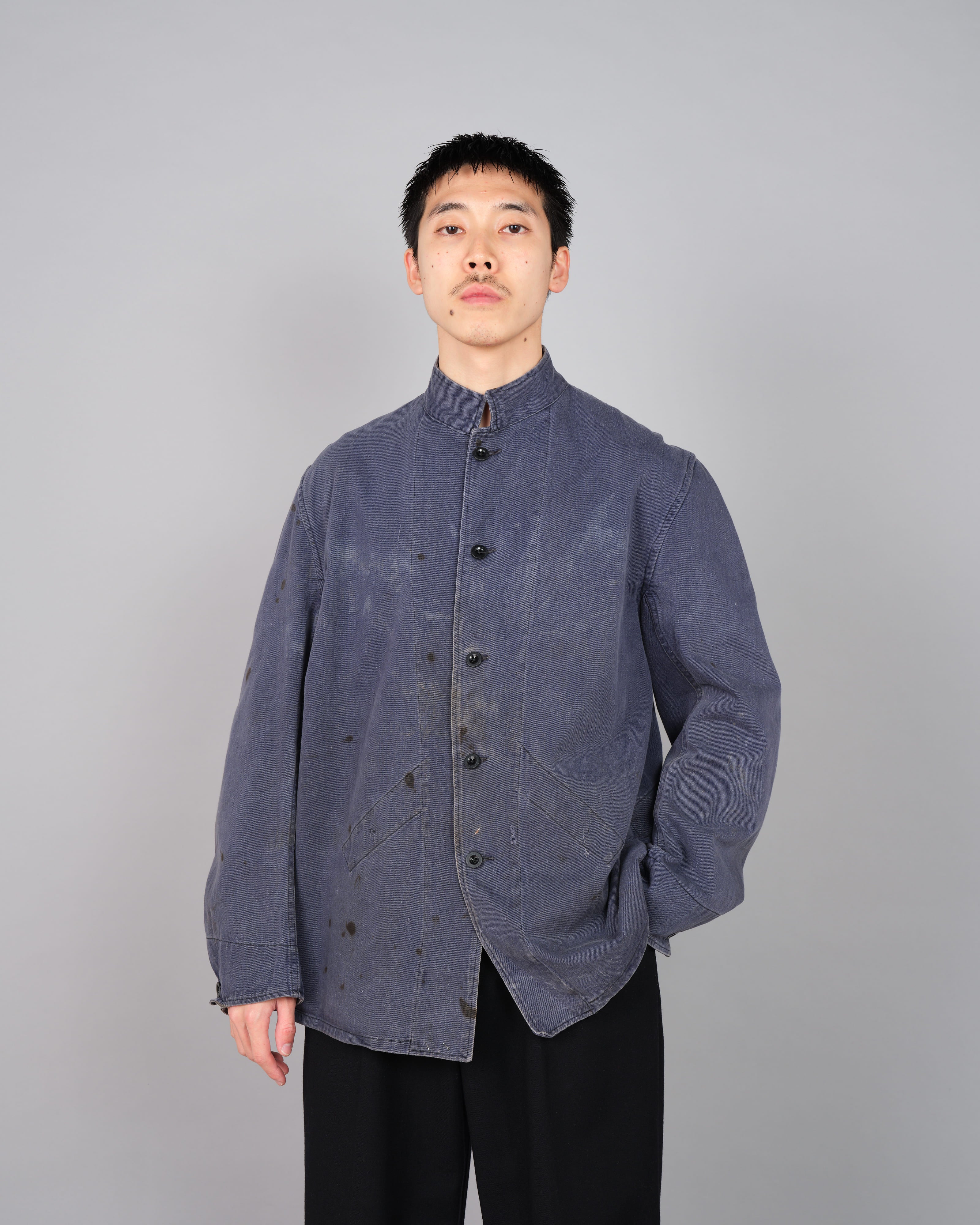 50's】British Vintage Blue Cotton Drill Stand Collar Work Jacket Size