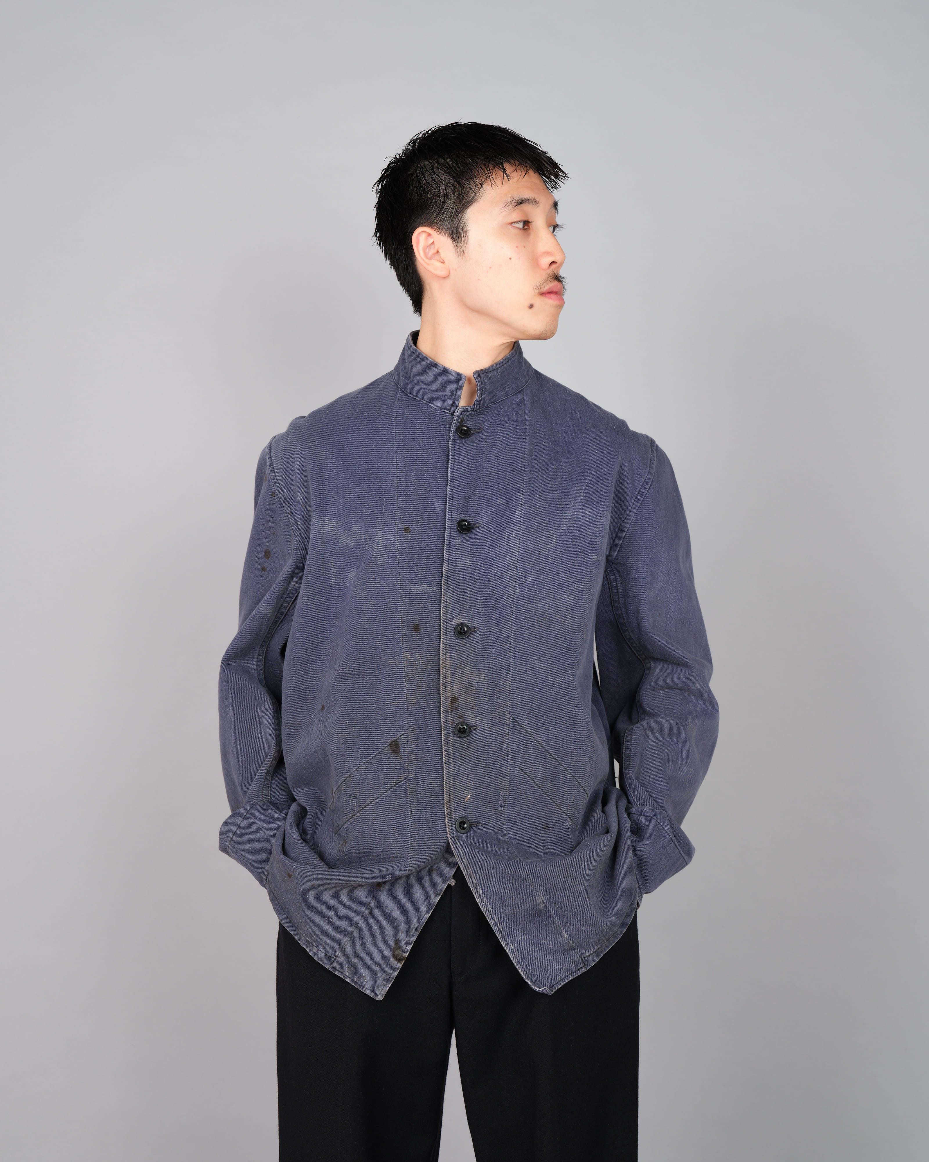 50's】British Vintage Blue Cotton Drill Stand Collar Work Jacket Size
