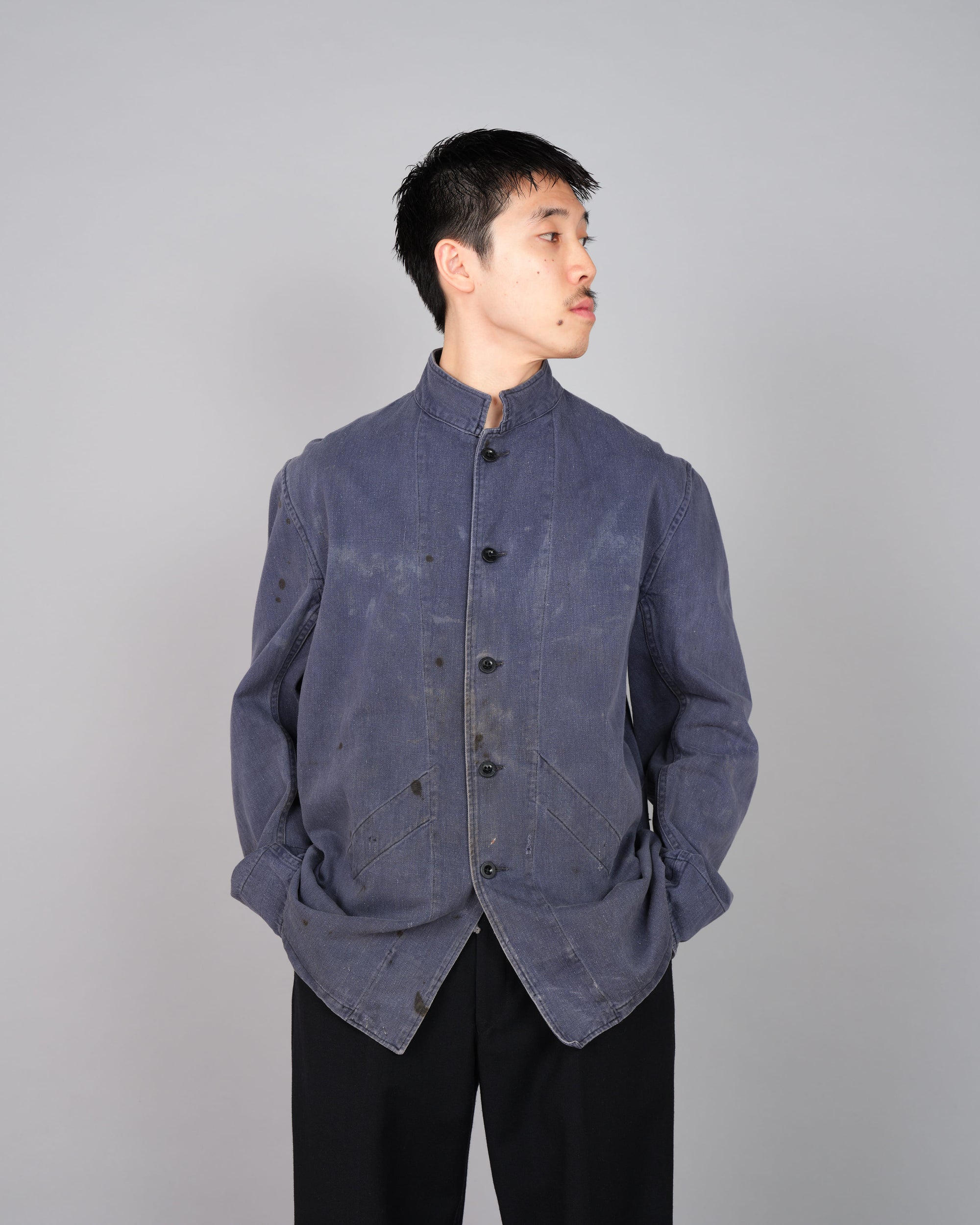 ［~50's］British Vintage Blue Cotton Drill Stand Collar Work Jacket Size.6