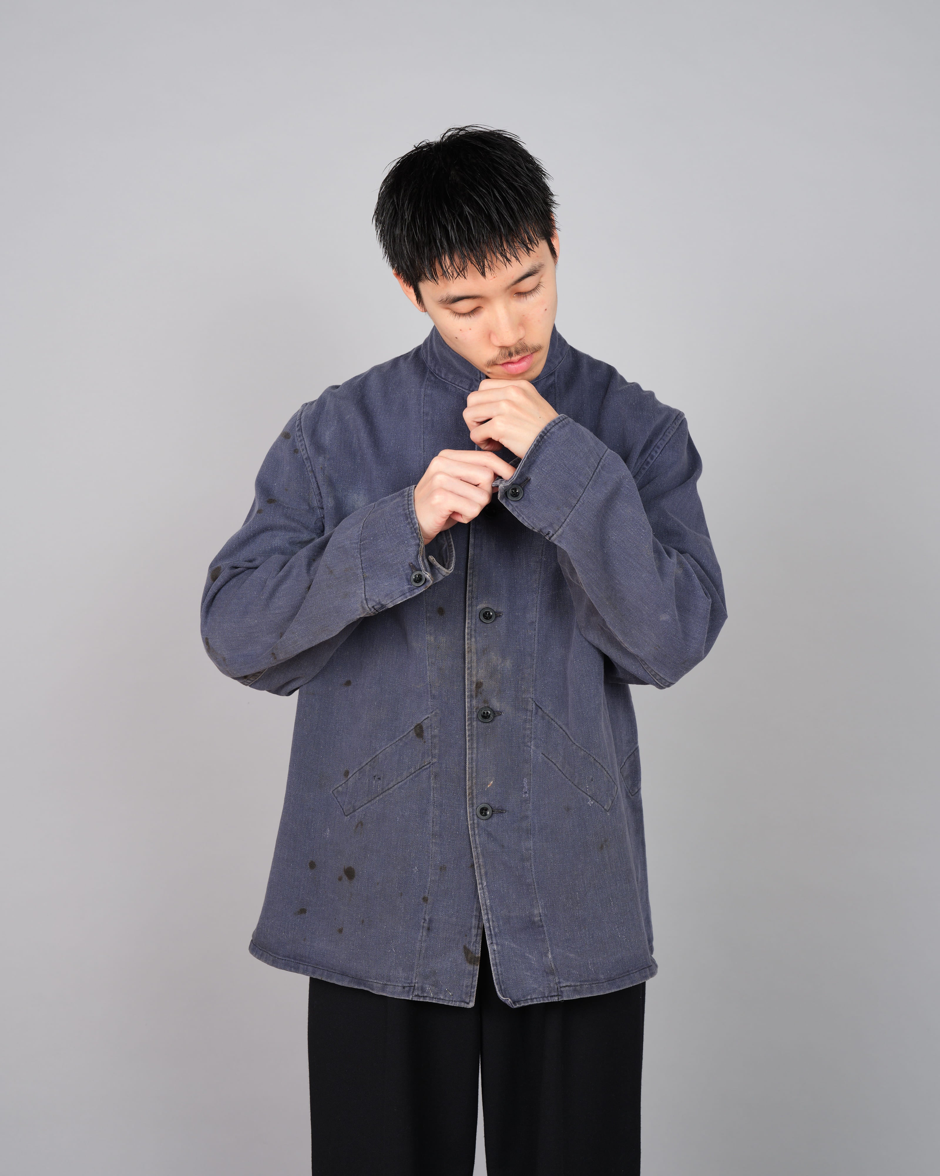 50's】British Vintage Blue Cotton Drill Stand Collar Work Jacket Size