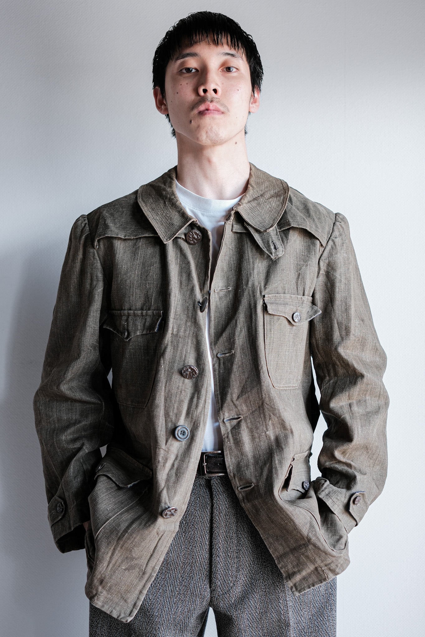 ［~20's］French Vintage Linen Canvas Hunting Jacket With Chin Strap