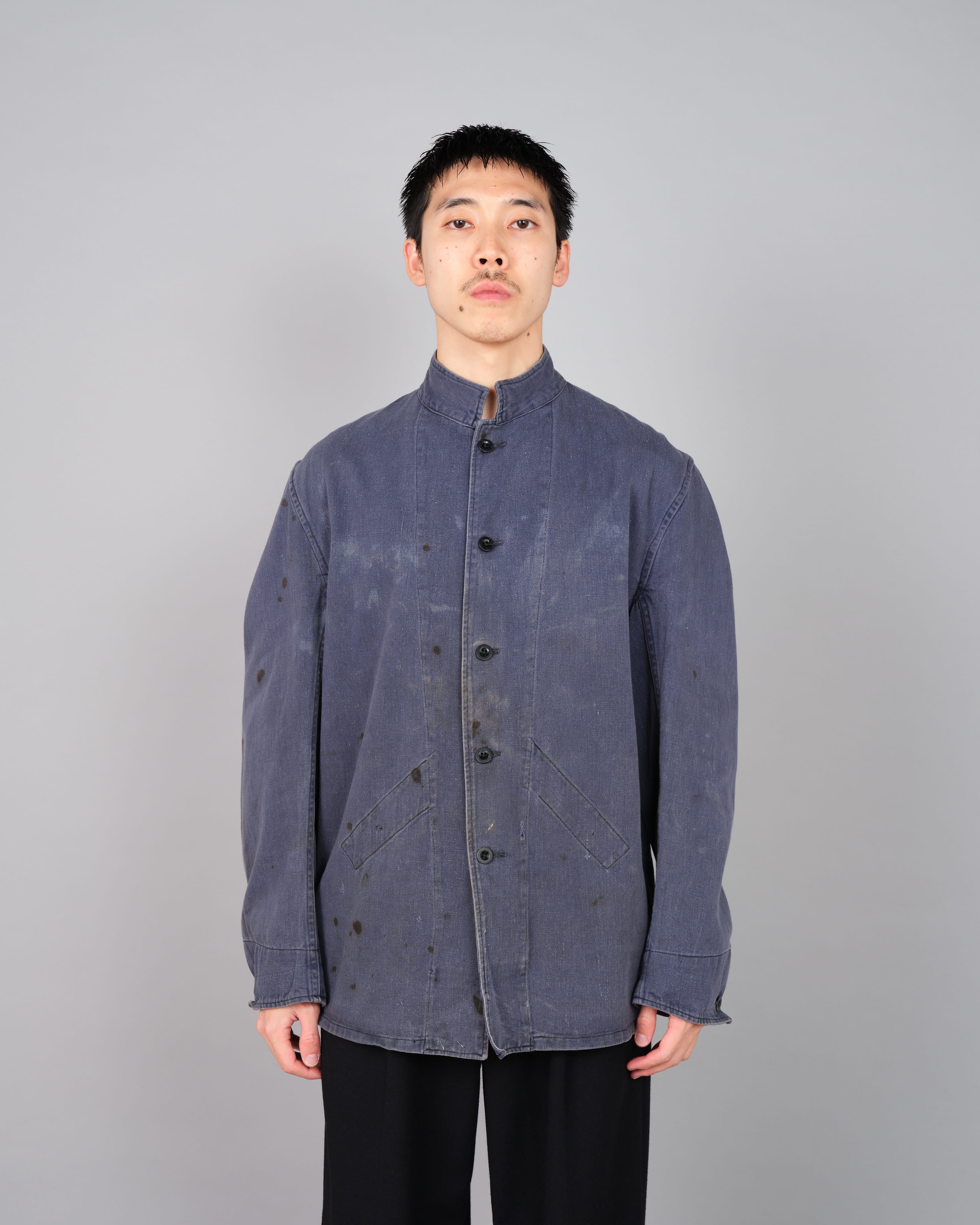 50's] British Vintage Blue Cotton Drill Stand Collar Work Jacket Siz