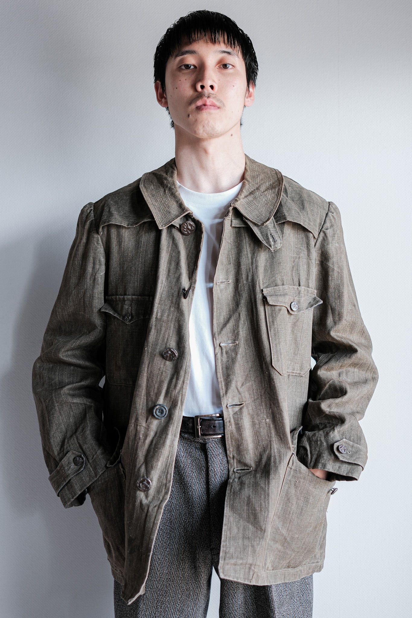 ［~20's］French Vintage Linen Canvas Hunting Jacket With Chin Strap
