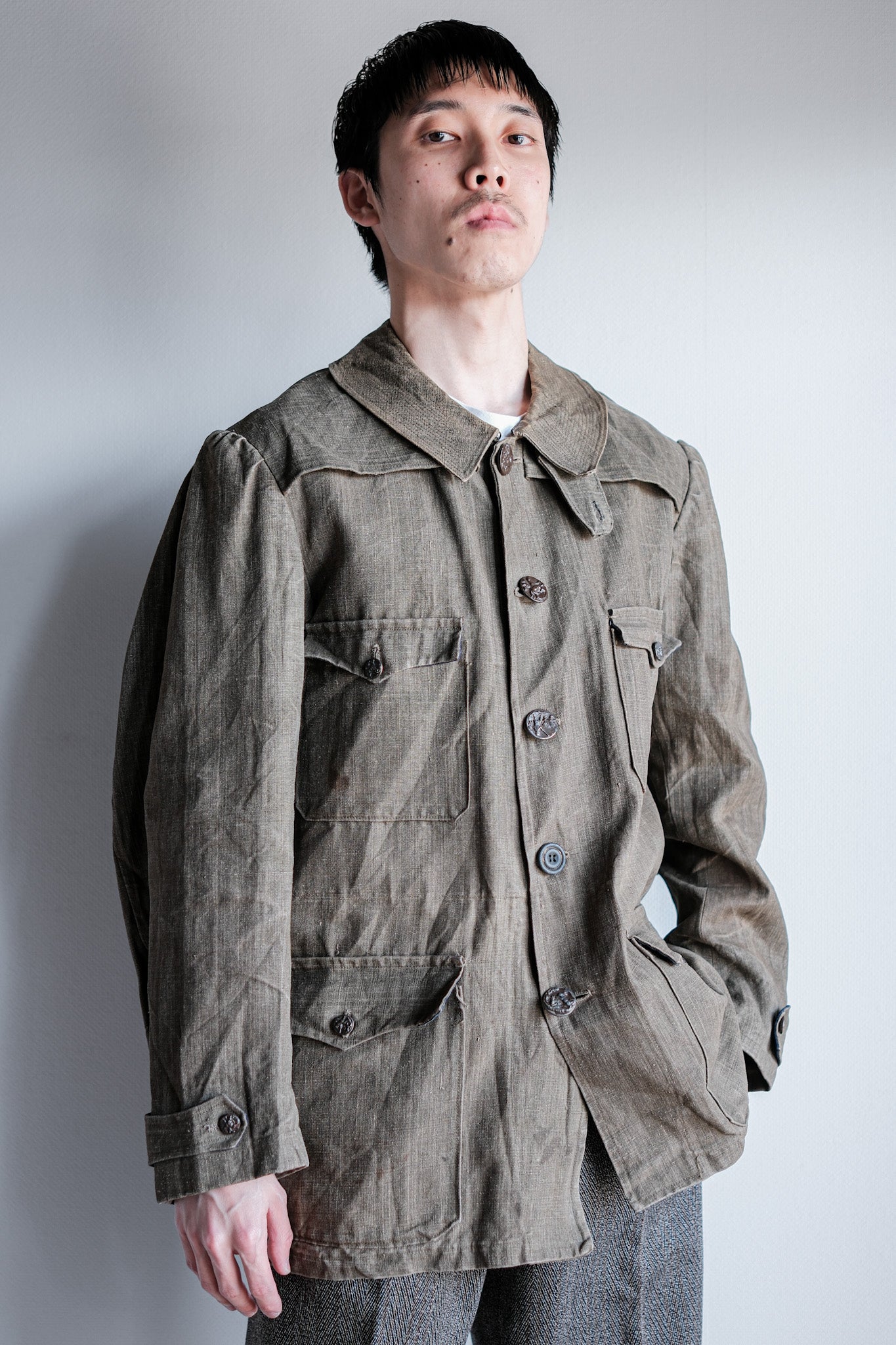 ［~20's］French Vintage Linen Canvas Hunting Jacket With Chin Strap