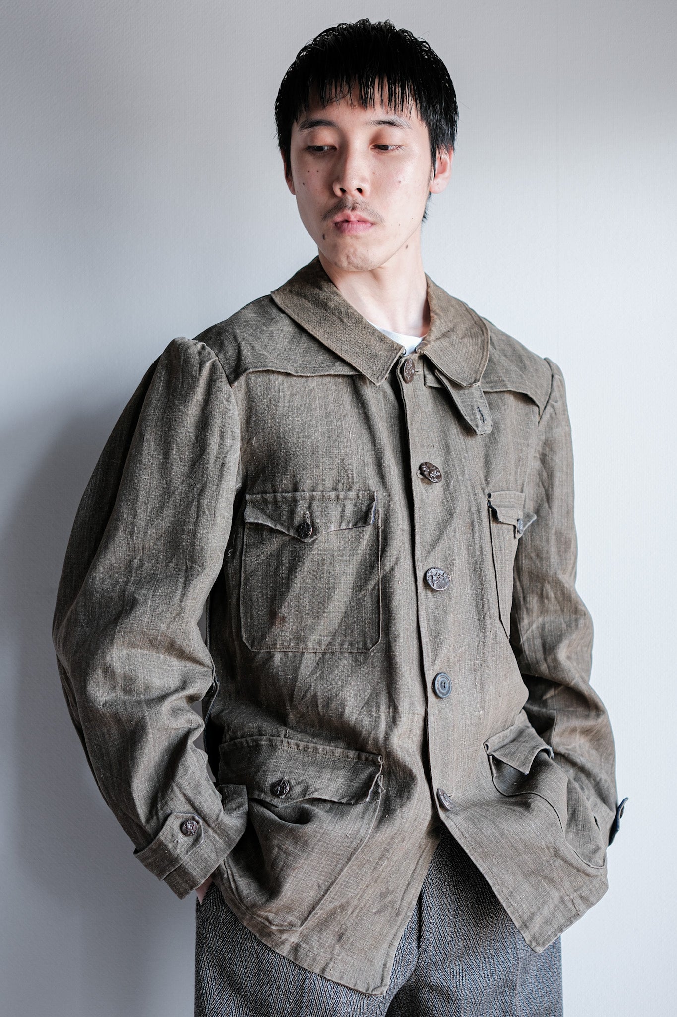 ［~20's］French Vintage Linen Canvas Hunting Jacket With Chin Strap