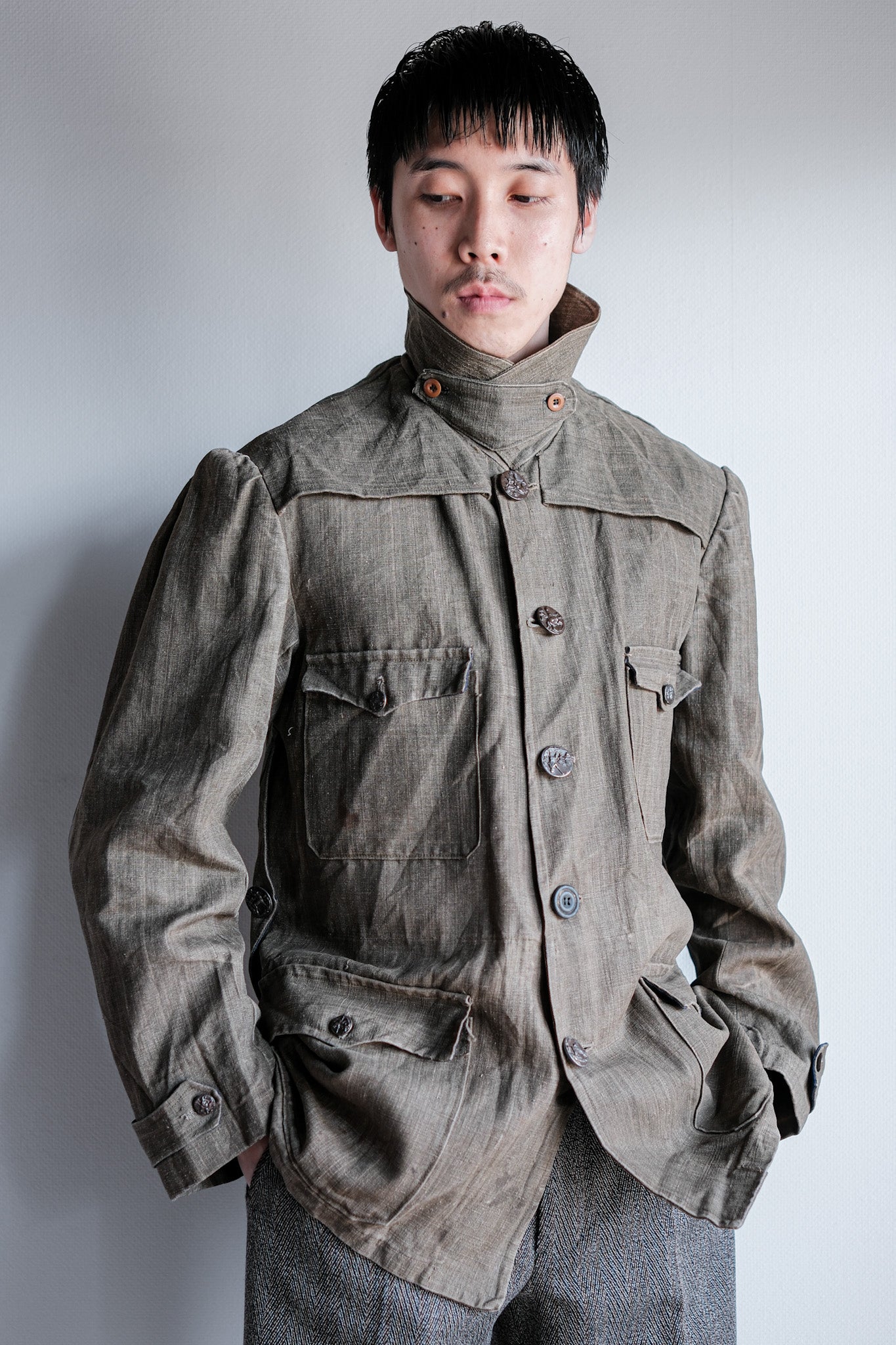 ［~20's］French Vintage Linen Canvas Hunting Jacket With Chin Strap